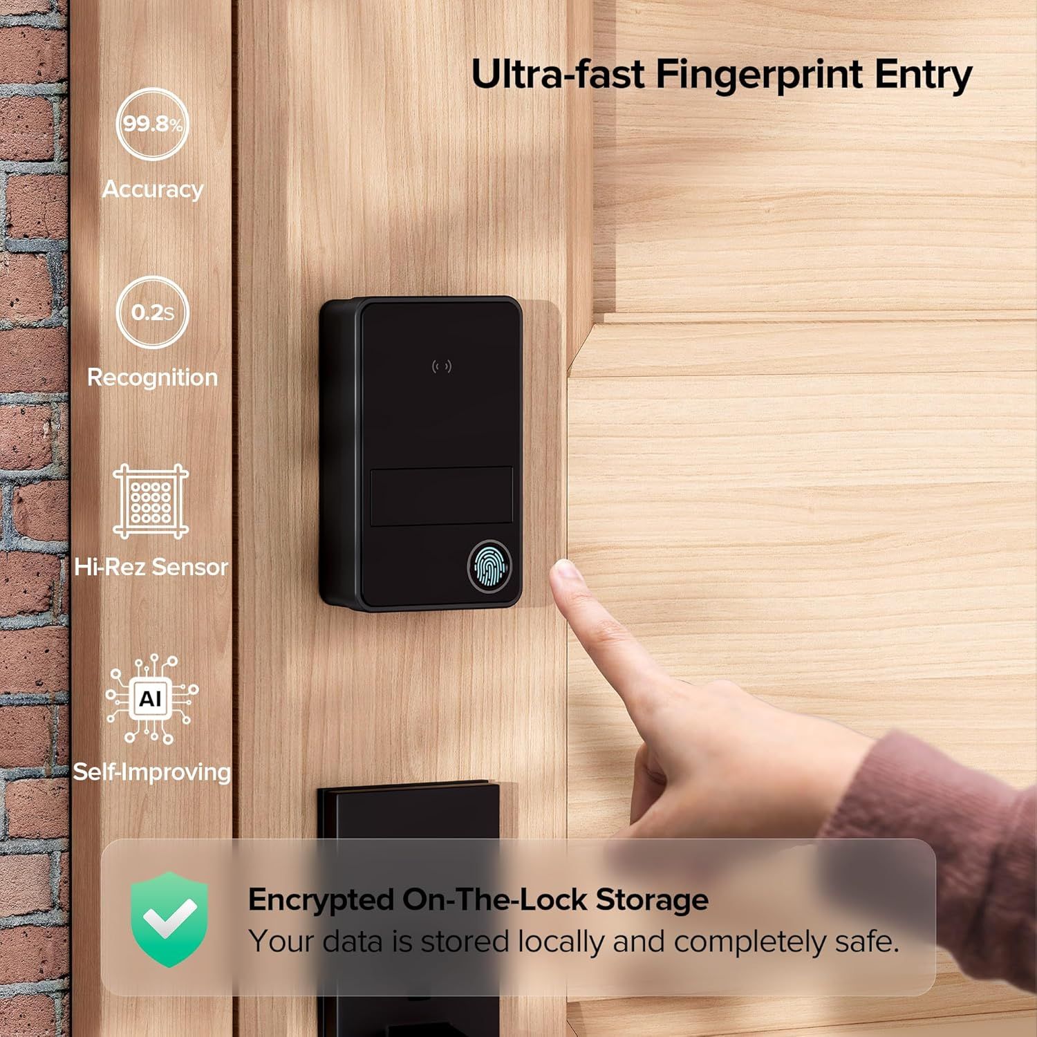 Communicates multiple technical benefits of the fingerprint lock system, emphasizing speed, accuracy, security, and advanced technology to reassure shoppers of the product's reliability and data…