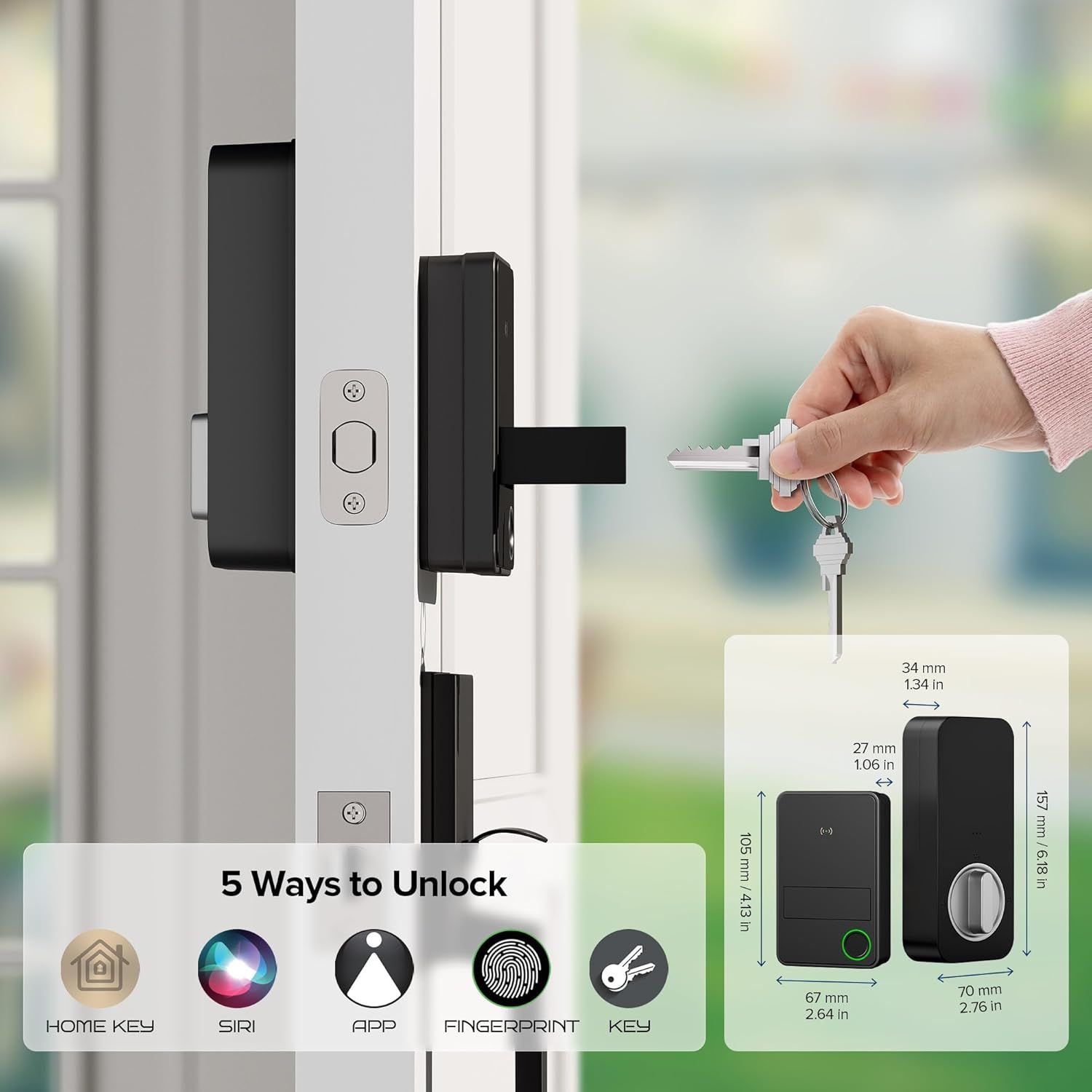 Communicates the product's versatility with 5 different unlock methods (Home Key, Siri, App, Fingerprint, Physical Key) and provides exact dimensional specifications to help shoppers understand both…