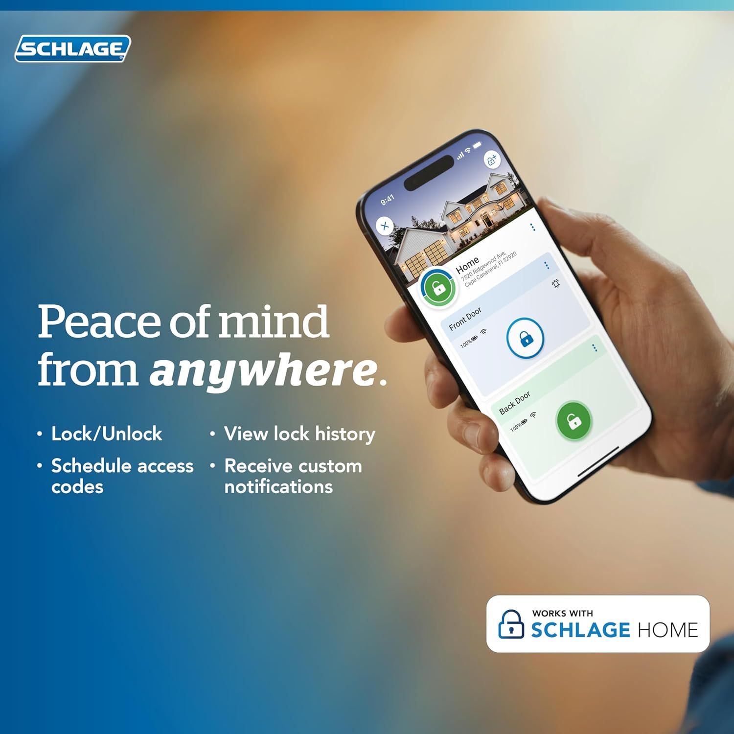 Communicates the multiple smart lock app features that provide convenience and security, reassuring shoppers they can control and monitor their home locks remotely from anywhere.