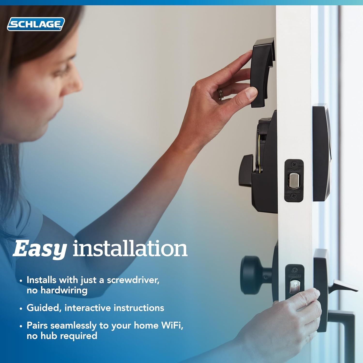 Demonstrates the simple installation process of the smart lock, reassuring shoppers that setup requires only a screwdriver, no hardwiring, and seamless WiFi connectivity without a hub. Highlights…