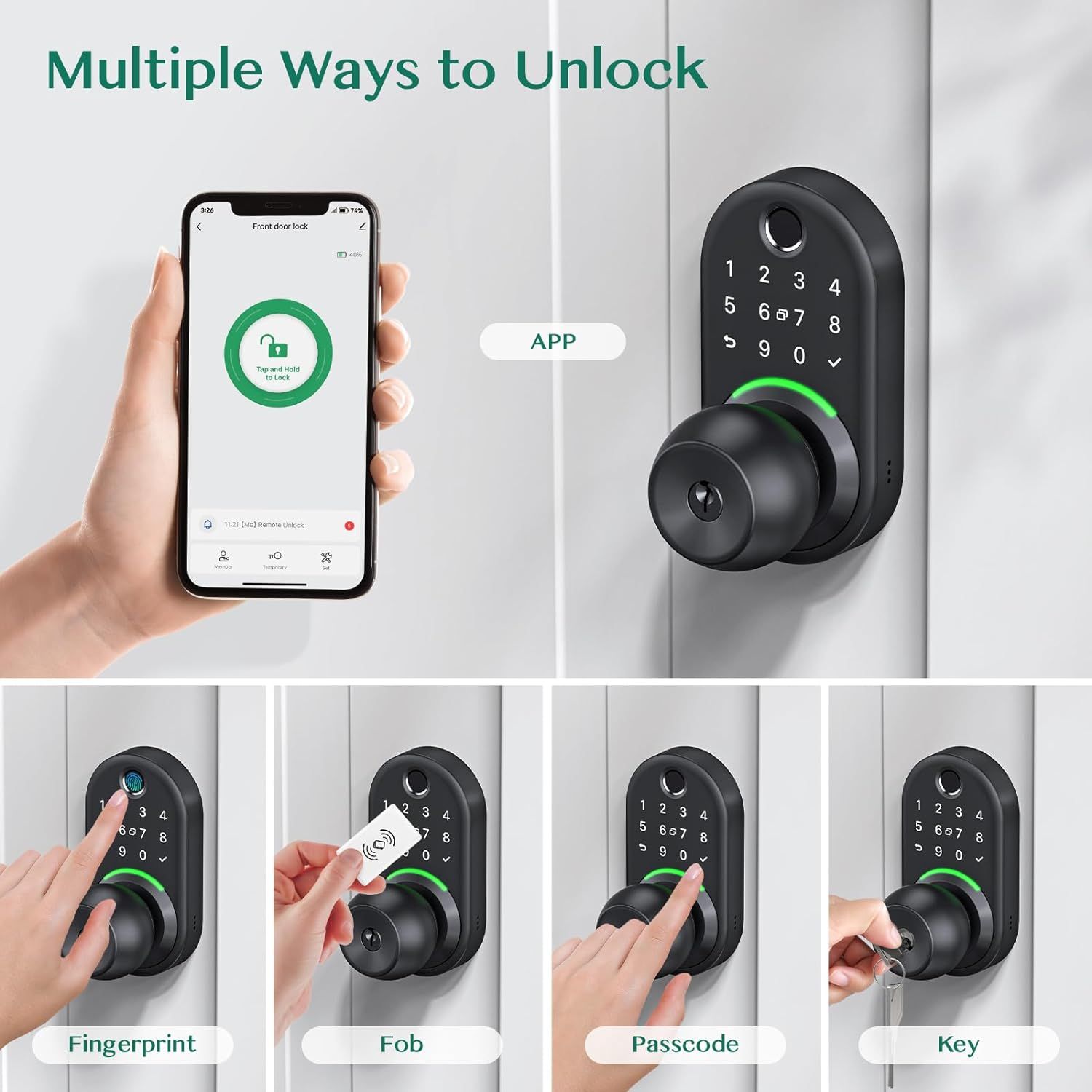 Demonstrates the versatility and convenience of the smart lock by showing five different ways to unlock it, reassuring shoppers they have multiple secure access options.