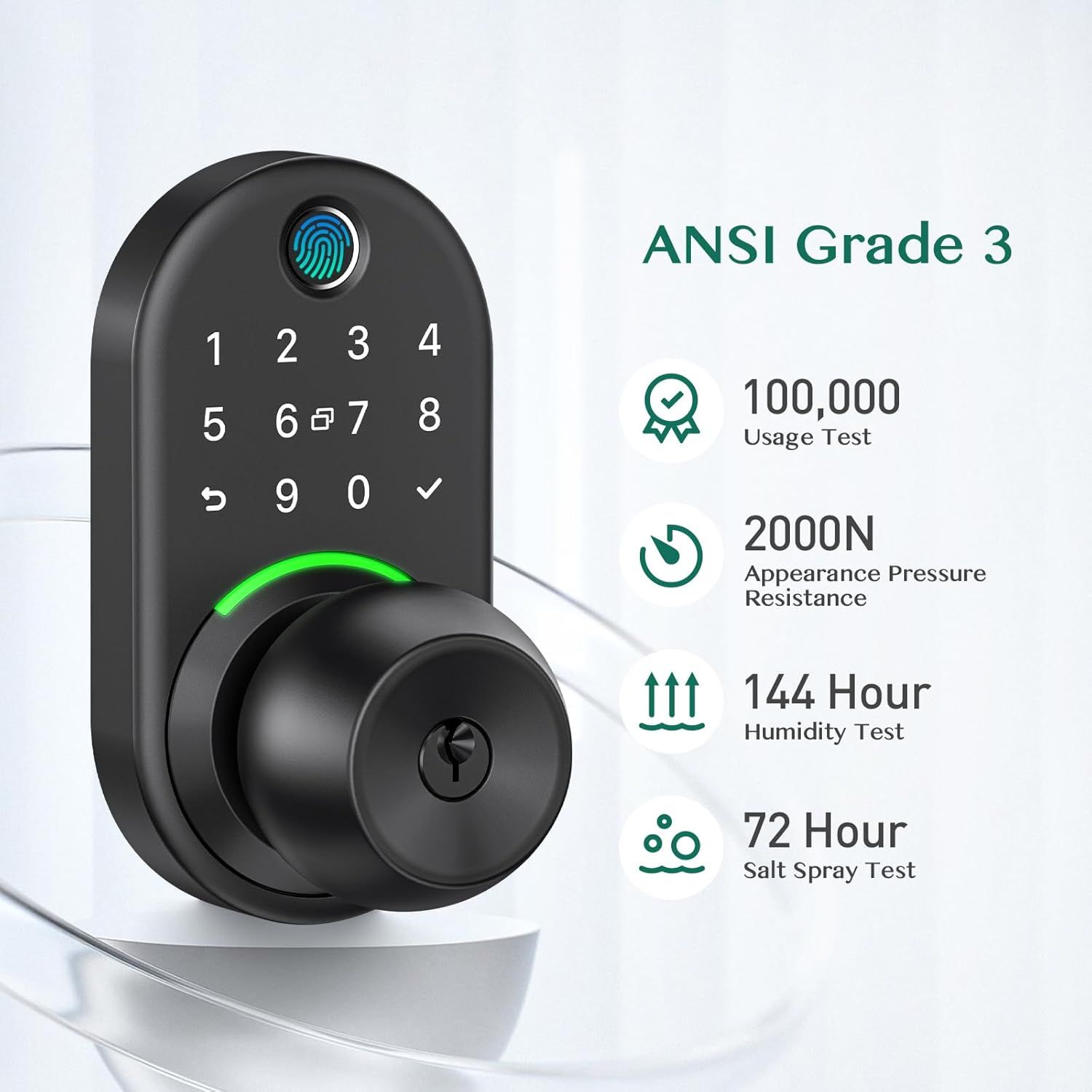 Communicates the product's high-quality certification and durability through multiple test metrics, reassuring shoppers of the lock's reliability and long-lasting performance in various conditions.