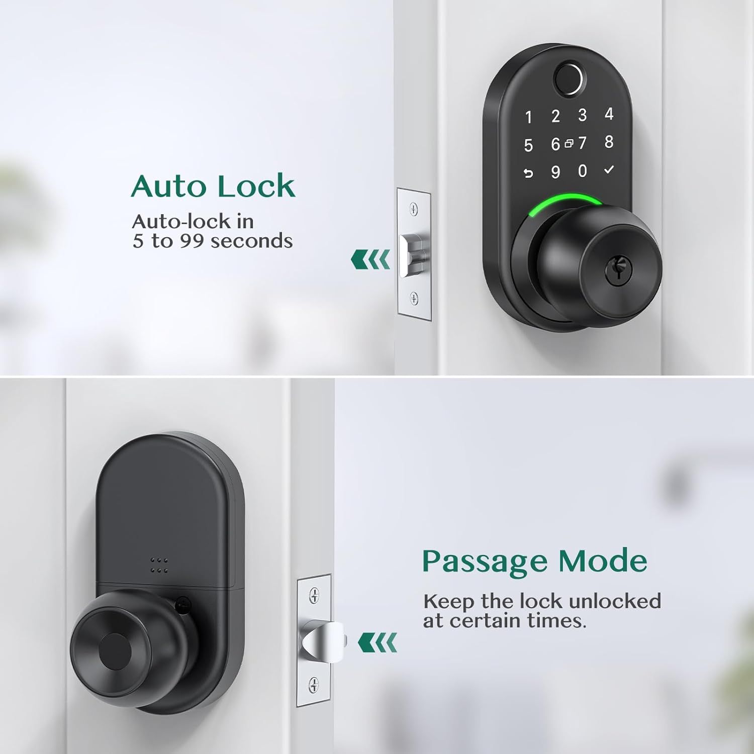 Demonstrates two distinct security features of the smart lock: automatic locking for security and passage mode for convenience, reassuring shoppers of the product's versatility and smart…