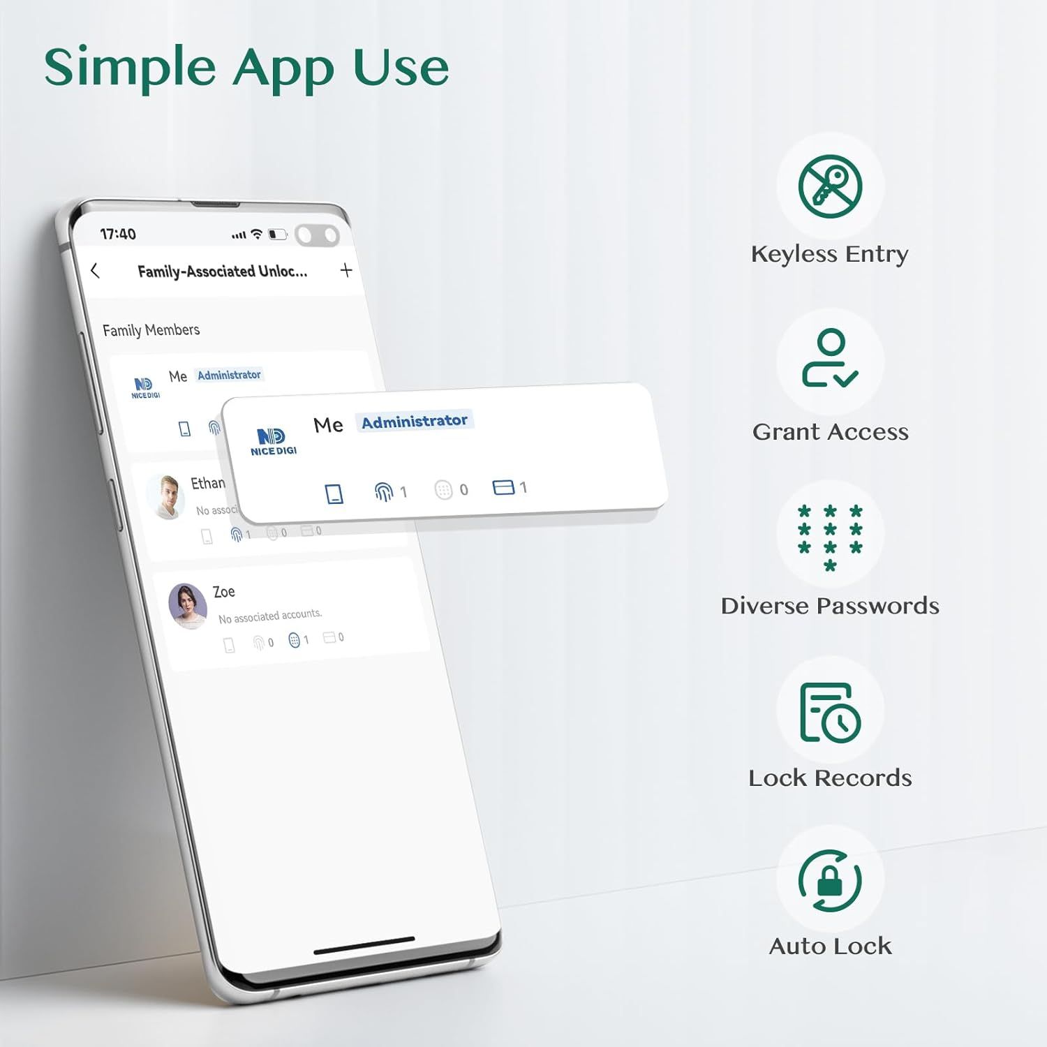 Demonstrates the multiple features and benefits of the smart lock app, showing shoppers the comprehensive functionality available for managing access and security.