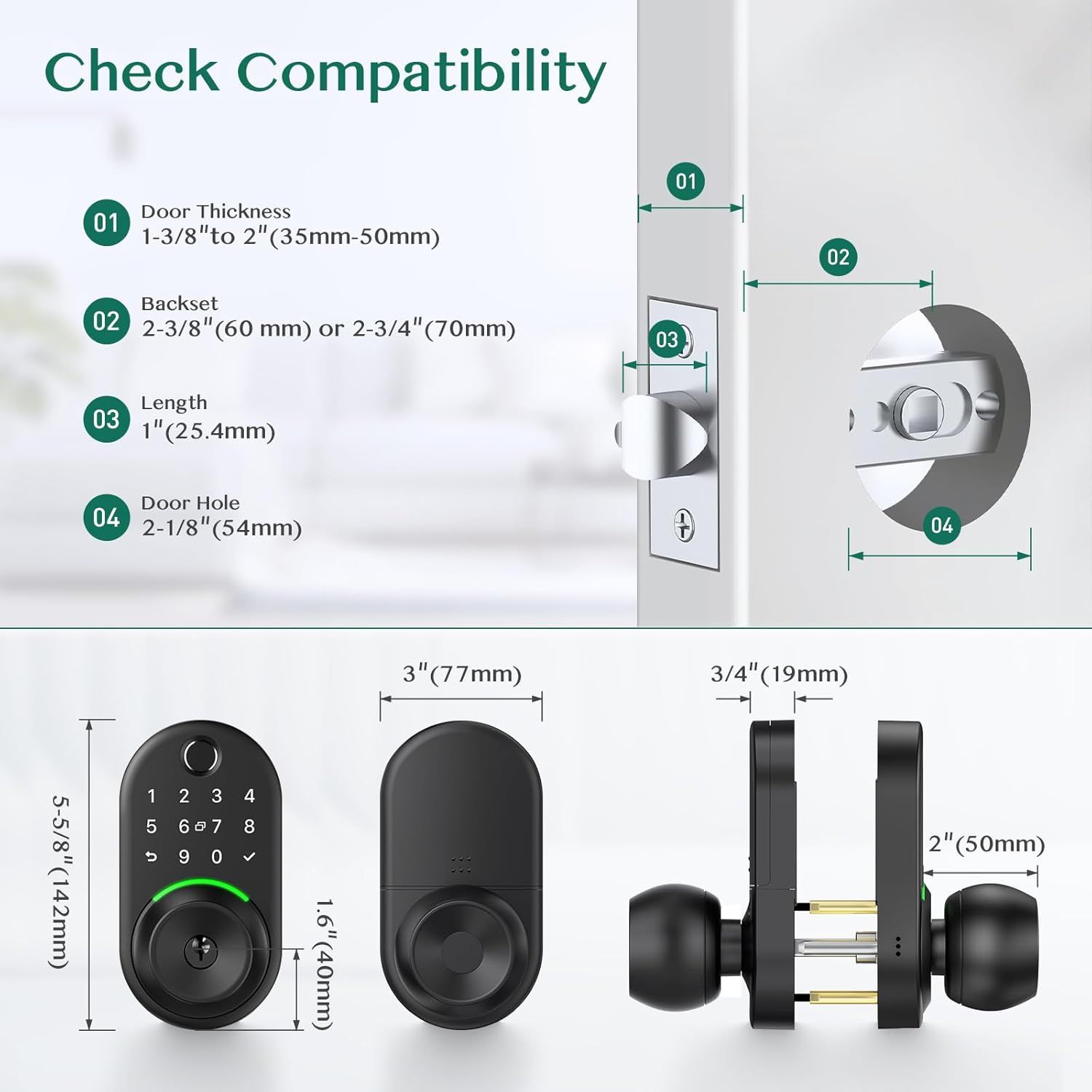 This image shows shoppers which door types and dimensions the smart lock is compatible with, helping them determine if the product will fit their specific door before purchase.
