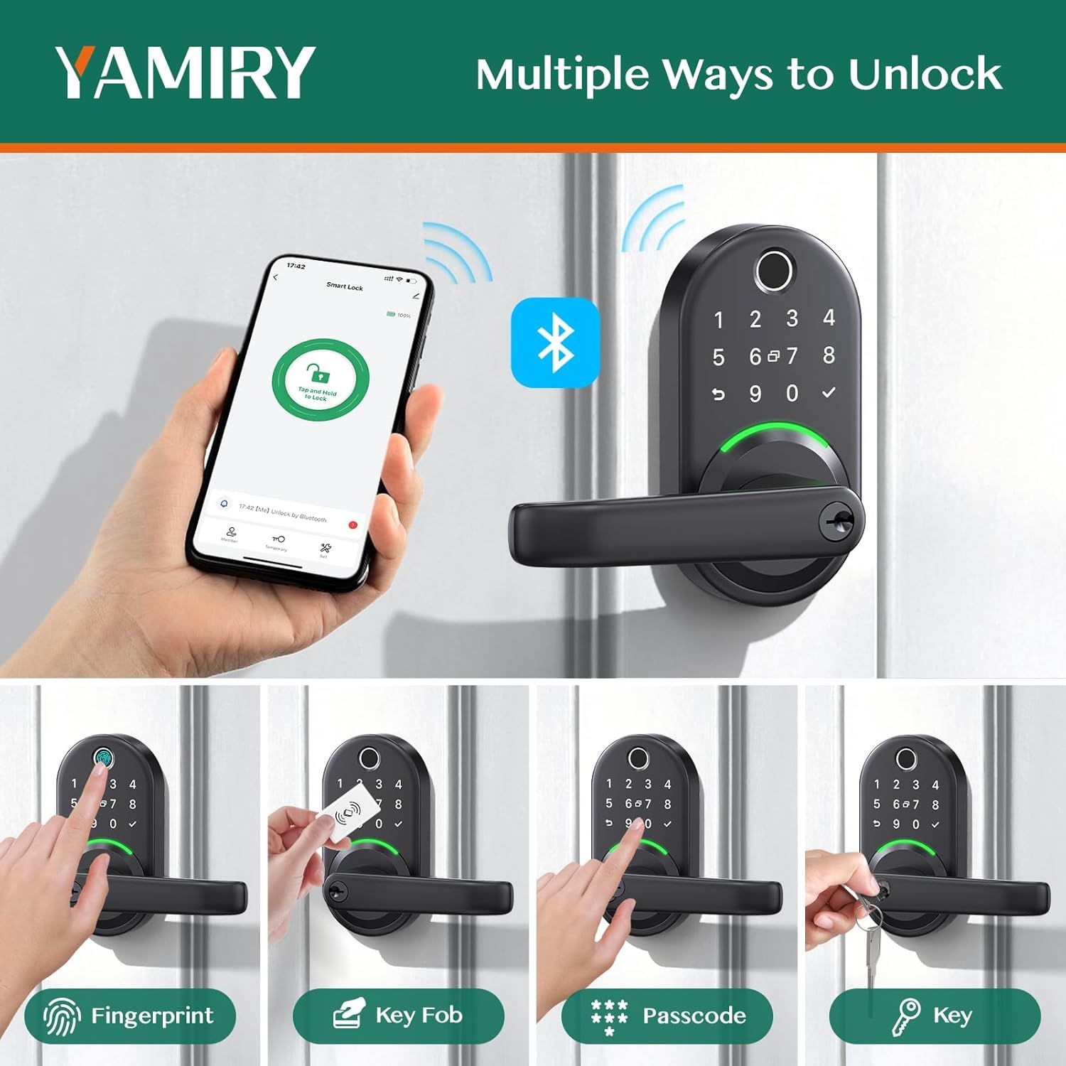 Demonstrates the smart lock's versatility by showcasing four different ways to unlock the door (fingerprint, key fob, passcode, and physical key), plus Bluetooth app control, reassuring shoppers of…