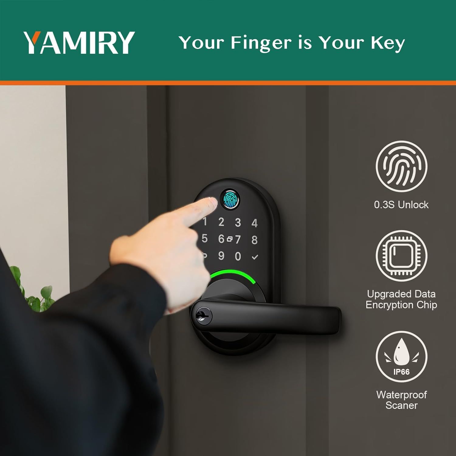 Highlights three distinct security and convenience features of the smart lock: fast fingerprint unlock speed, enhanced data security, and waterproof durability to reassure shoppers of the product's…