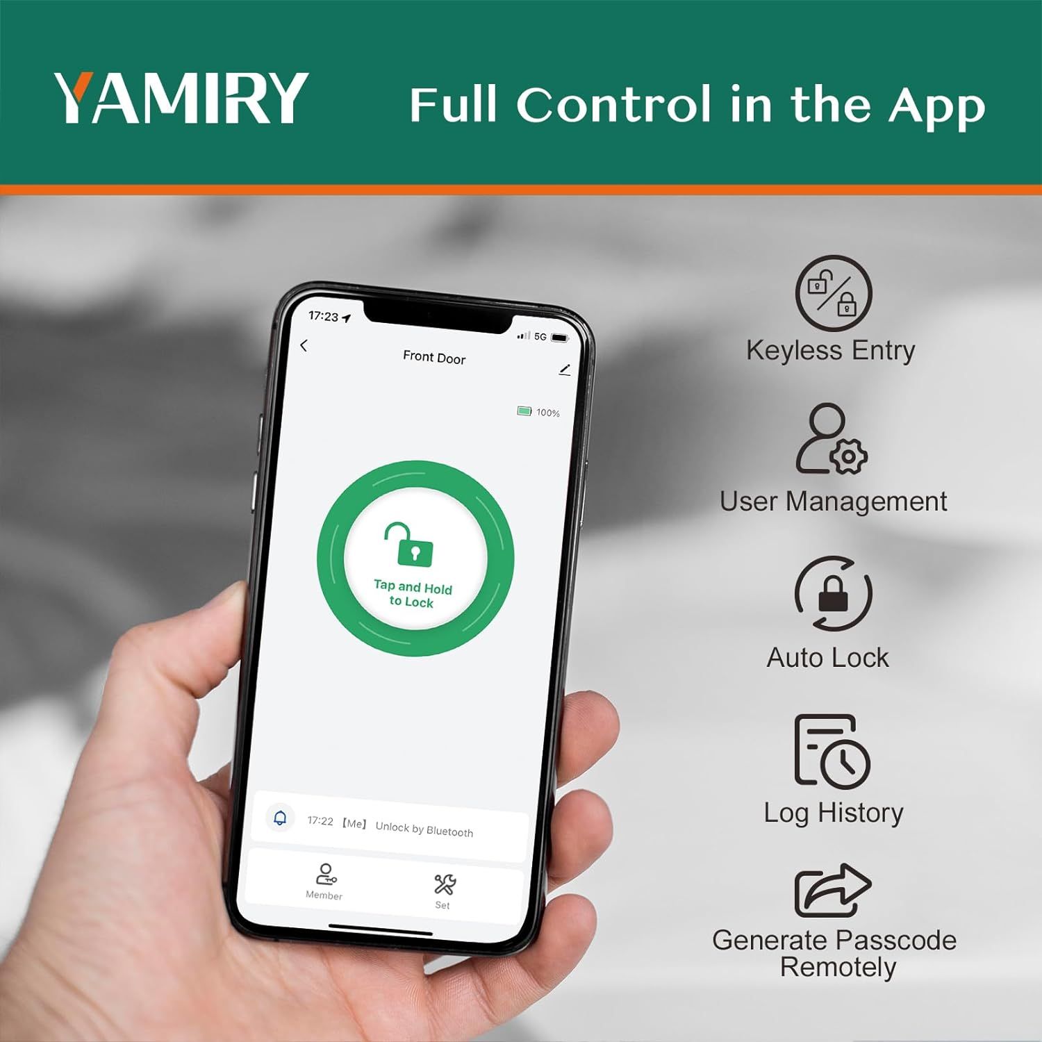 Showcases the smart lock's comprehensive app-based control features to demonstrate convenience, security, and remote management capabilities.