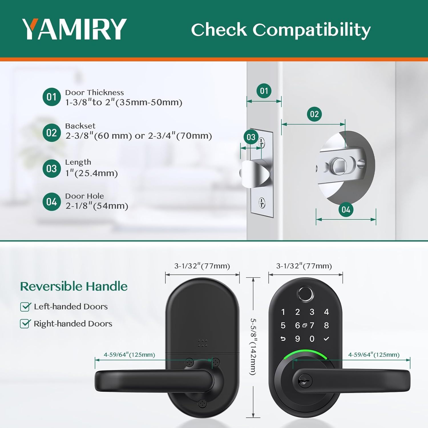 This image communicates the compatibility specifications and installation requirements for the smart door lock, showing shoppers exactly which door types and dimensions the product will fit.
