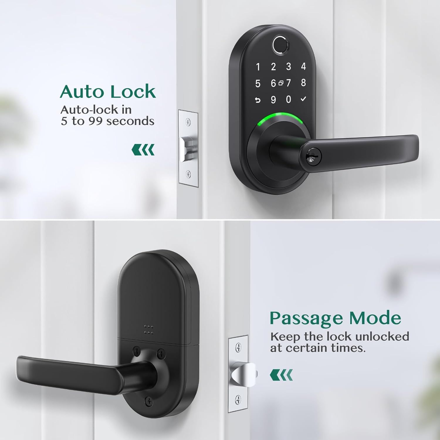 Demonstrates two distinct smart lock features: the auto-lock timer function for security and the passage mode for keeping the lock unlocked at certain times, reassuring shoppers of the product's…