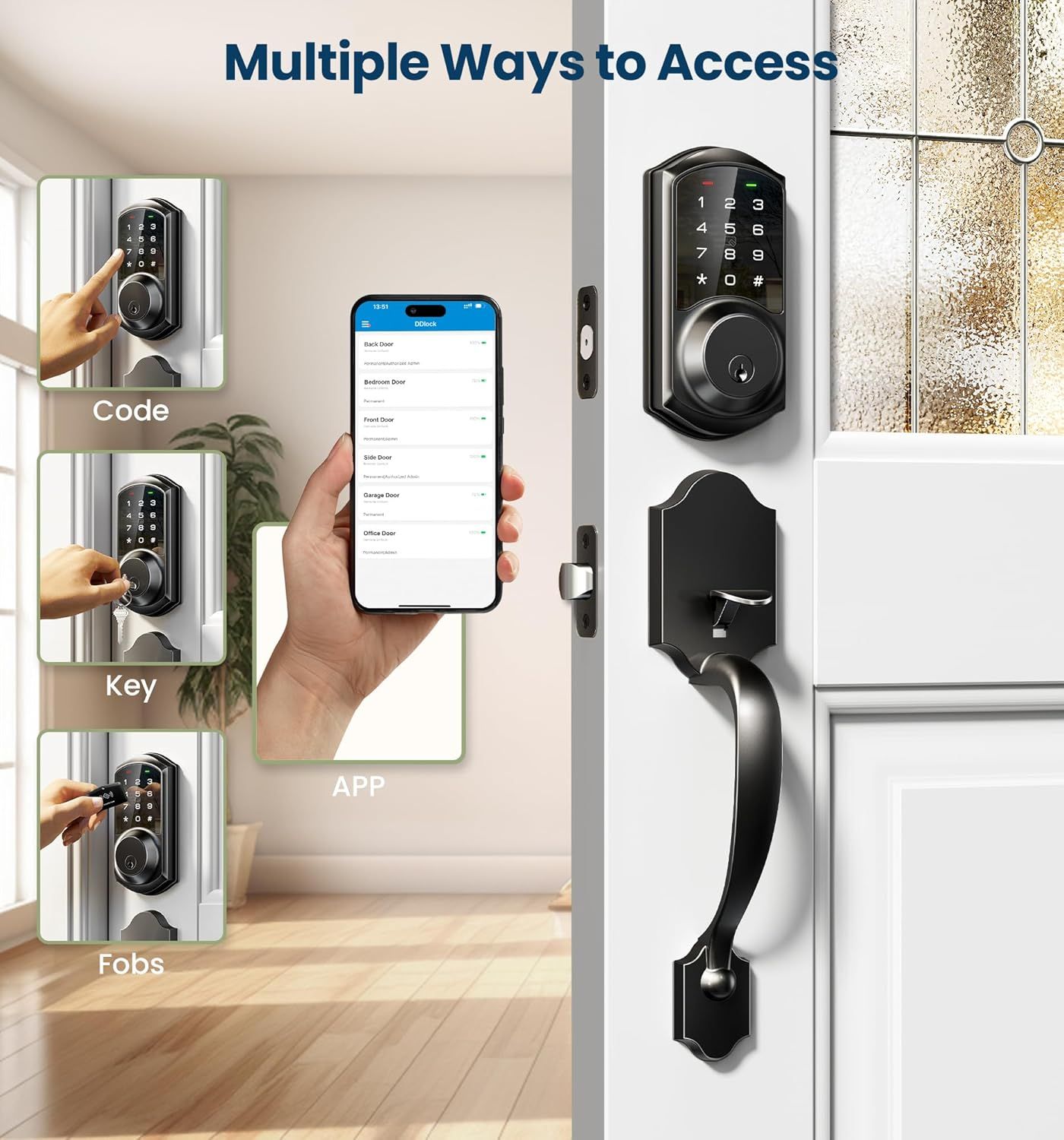 Demonstrates the versatility of the smart lock by showing four different ways to access it, reassuring shoppers they have flexible entry options for different users and situations. Highlights…