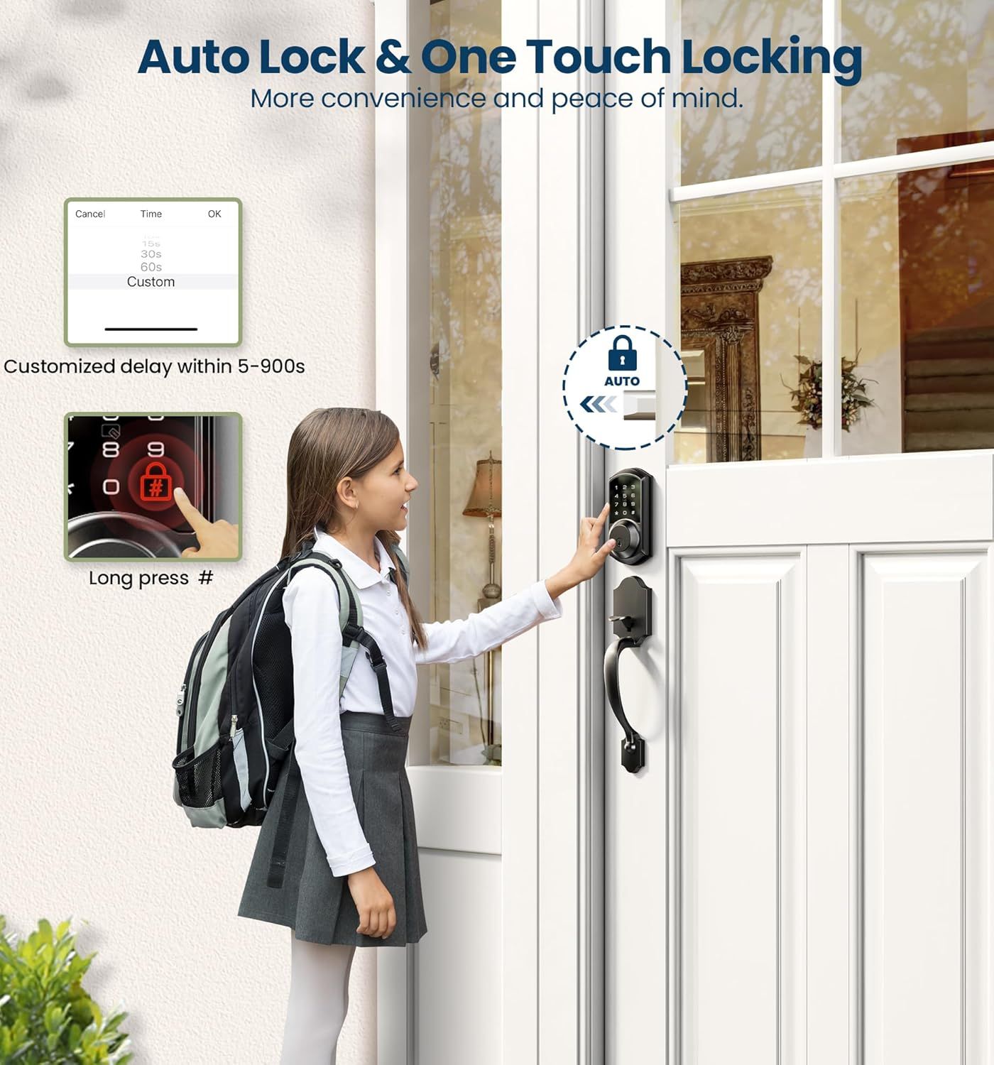 Demonstrates how to use the smart lock's auto-lock and one-touch locking features, showing the setup process and ease of use to reassure shoppers about convenience and peace of mind. Highlights the…