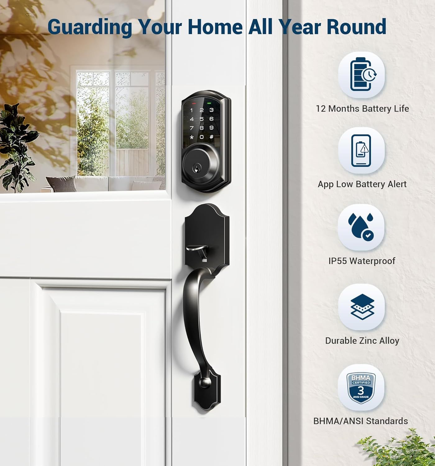 Communicates multiple key benefits of the smart door lock including long battery life, app connectivity, weather resistance, durability, and safety certifications to reassure shoppers of the…