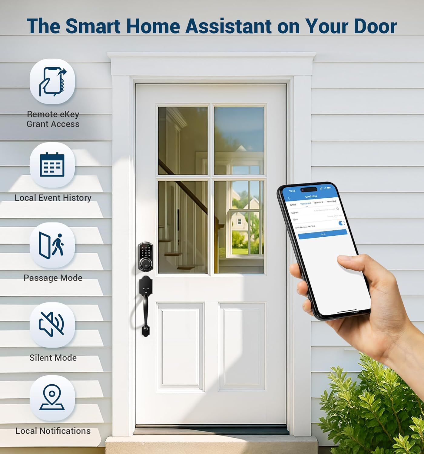 Communicates the smart lock's comprehensive feature set through a segmented layout, showing multiple distinct benefits to reassure shoppers of the product's versatility and smart home capabilities.