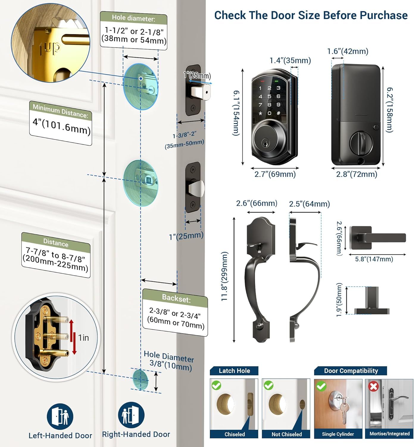 Provides detailed dimensional specifications and installation requirements to help shoppers verify compatibility with their door before purchasing the smart lock.