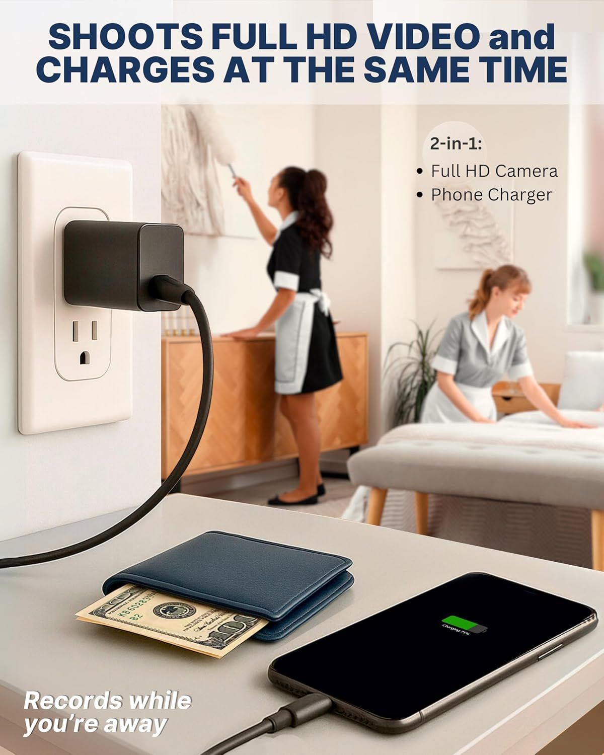 Communicates multiple distinct benefits of the hidden camera charger: it shoots Full HD video, charges phones simultaneously, and records while the user is away, emphasizing versatility and…