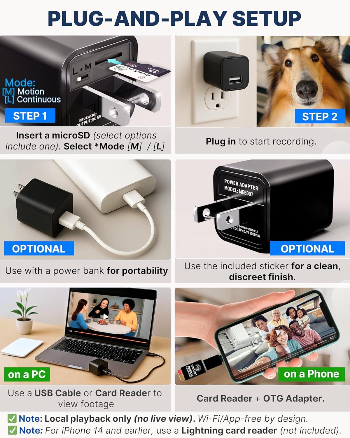 This image provides step-by-step instructions on how to set up and use the product, emphasizing the simplicity of the plug-and-play installation process and multiple viewing options.
