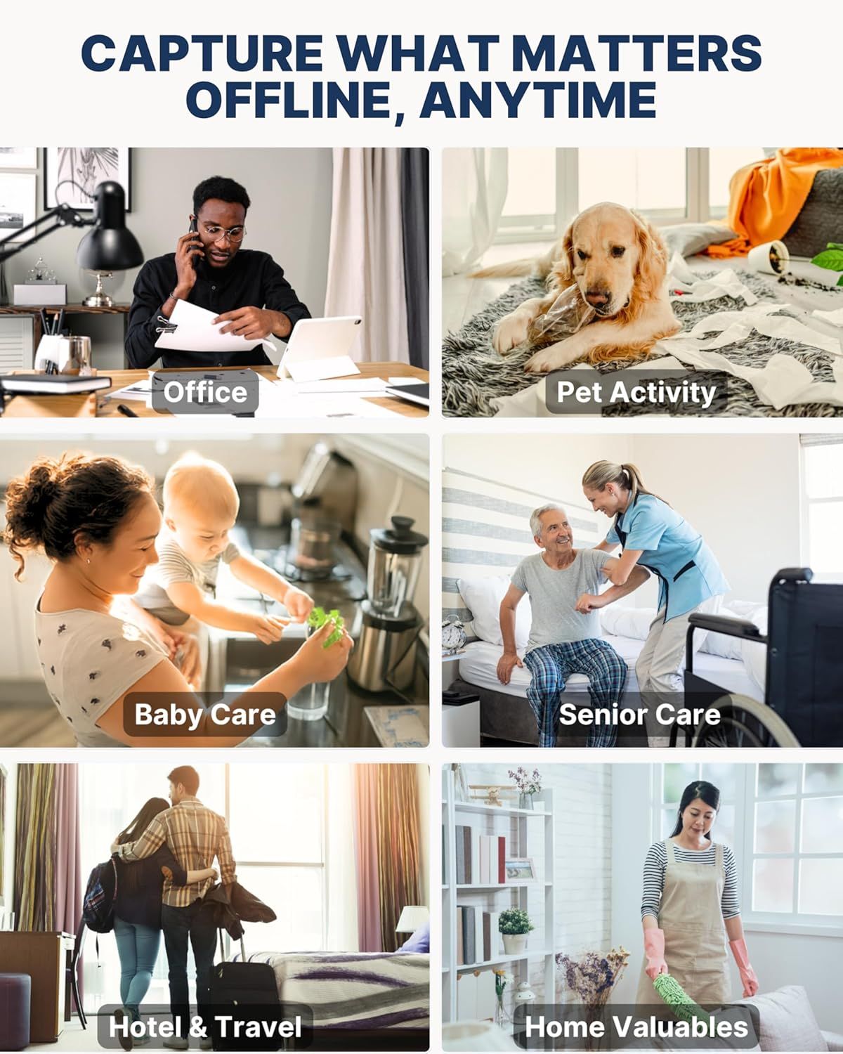 Demonstrates the product's versatility by showing six different real-world scenarios where offline recording capability is valuable, reassuring shoppers that the product works across diverse…