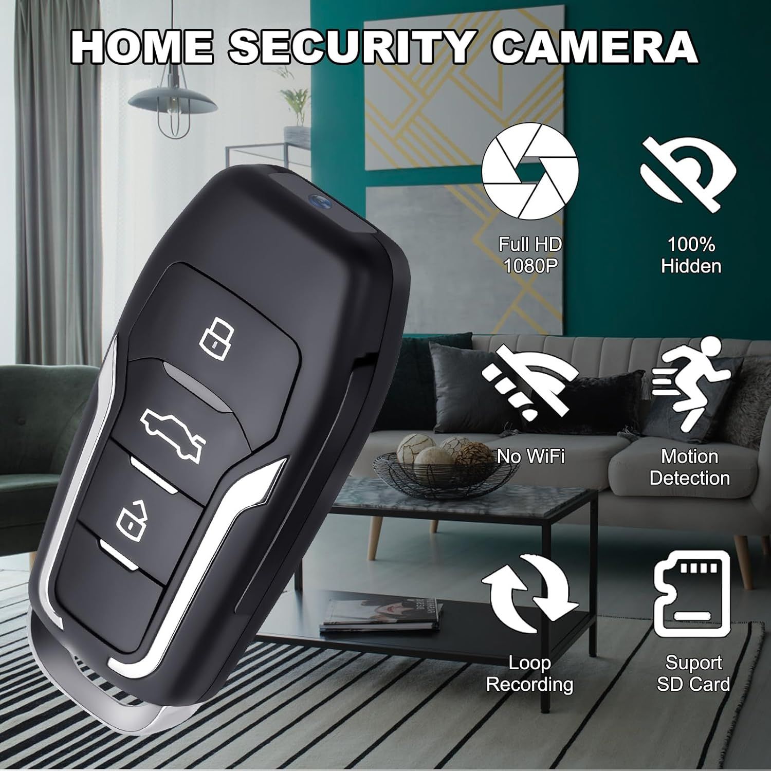 Communicates multiple key features of the hidden security camera to show shoppers its comprehensive surveillance capabilities including video quality, stealth design, connectivity options, and…