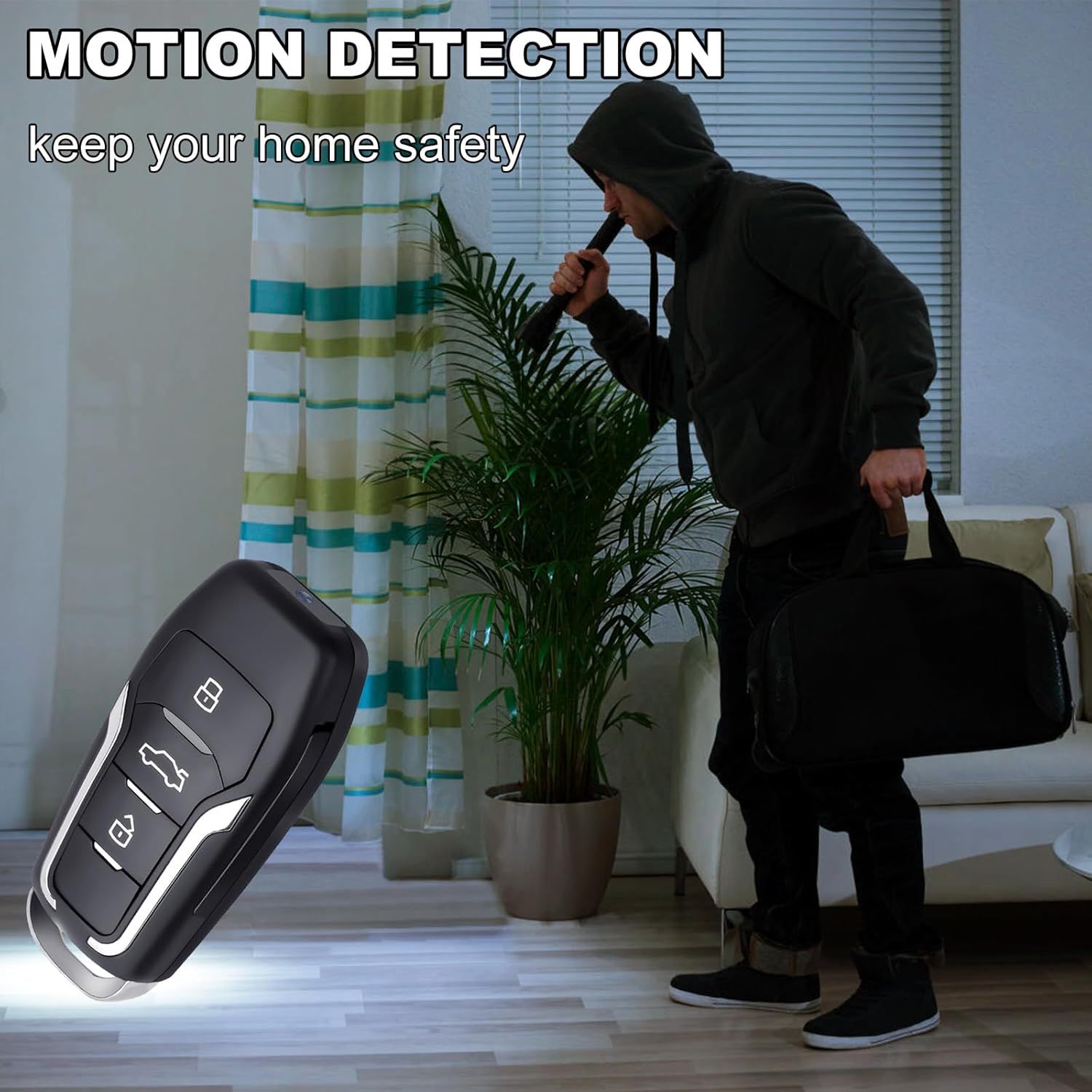 Communicates that the product provides motion detection capability to protect the home from intruders and keep the home safe. Highlights the motion detection feature as a key benefit for home safety…