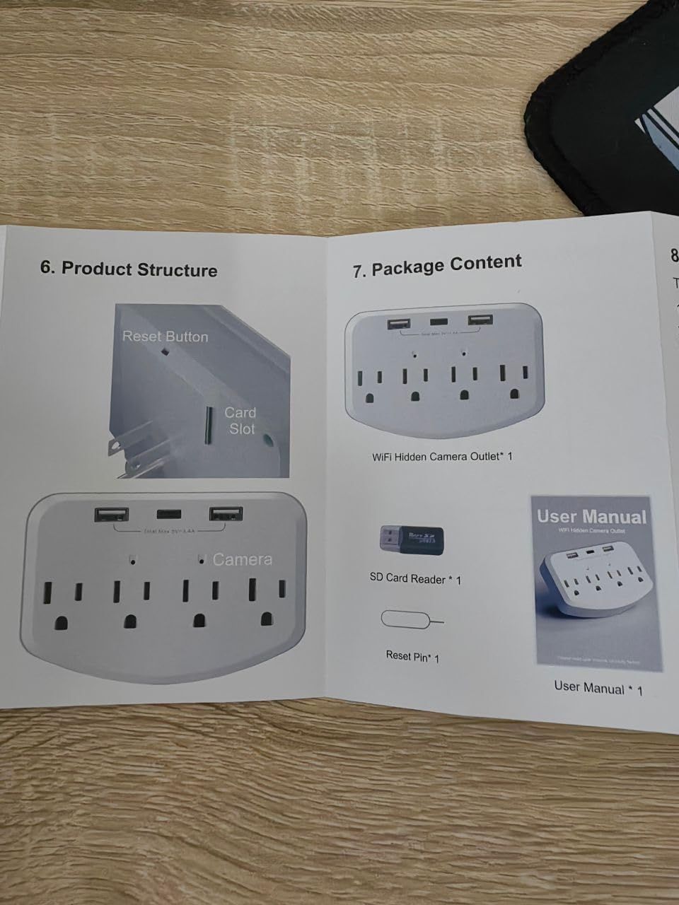Shows the physical components and structure of the WiFi hidden camera outlet, helping shoppers understand where key features like the reset button, card slot, and camera are located. Displays…