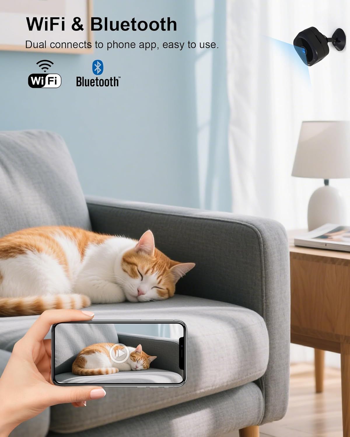 Demonstrates the dual connectivity options (WiFi and Bluetooth) and shows how the security camera connects to a phone app for easy monitoring and use. Highlights the convenience of dual wireless…