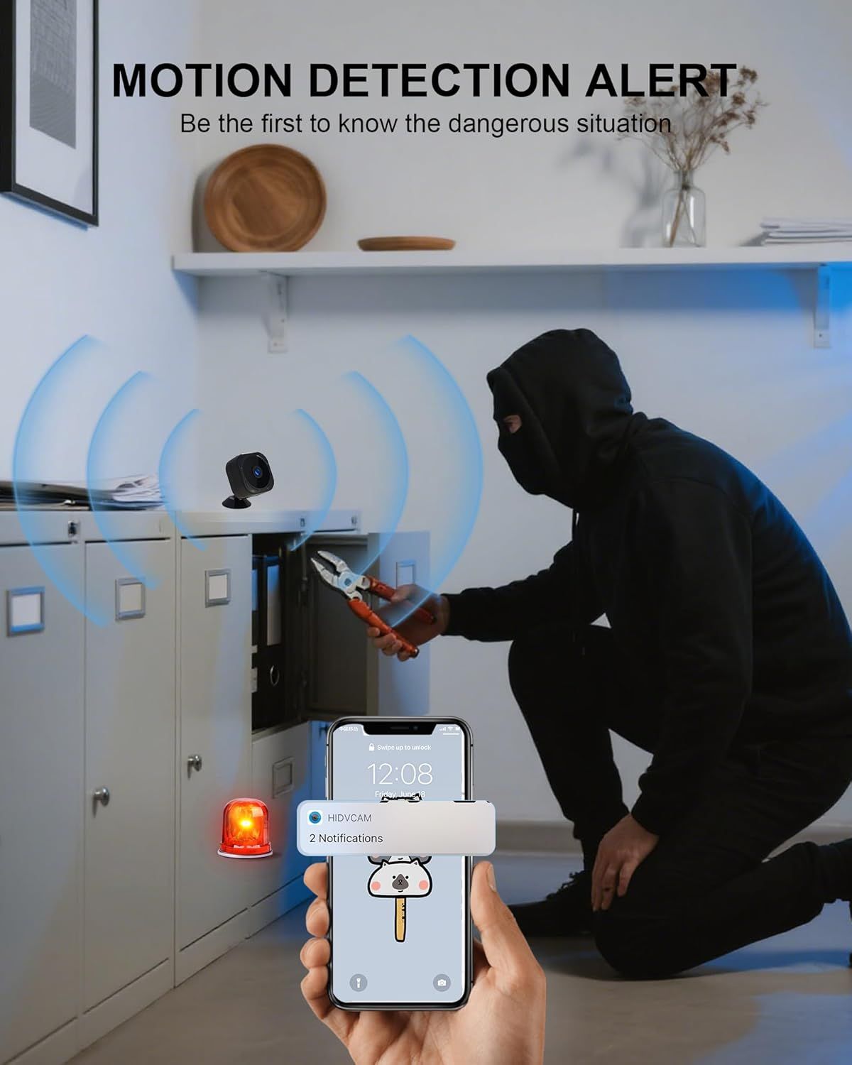 Demonstrates the security camera's motion detection capability and instant mobile notification feature to reassure shoppers they will be alerted immediately to potential threats or intrusions.