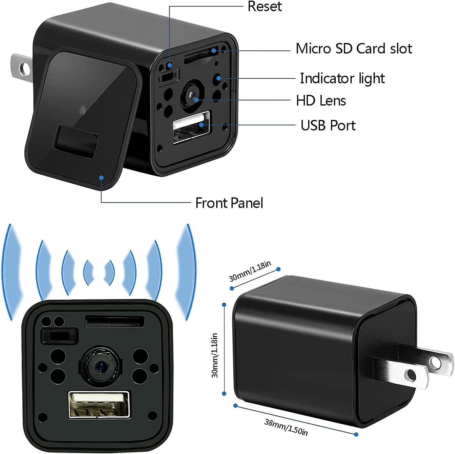 This image breaks down the physical components and ports of the hidden camera charger, helping shoppers understand the device's structure and functionality. Shows the exact physical dimensions of…