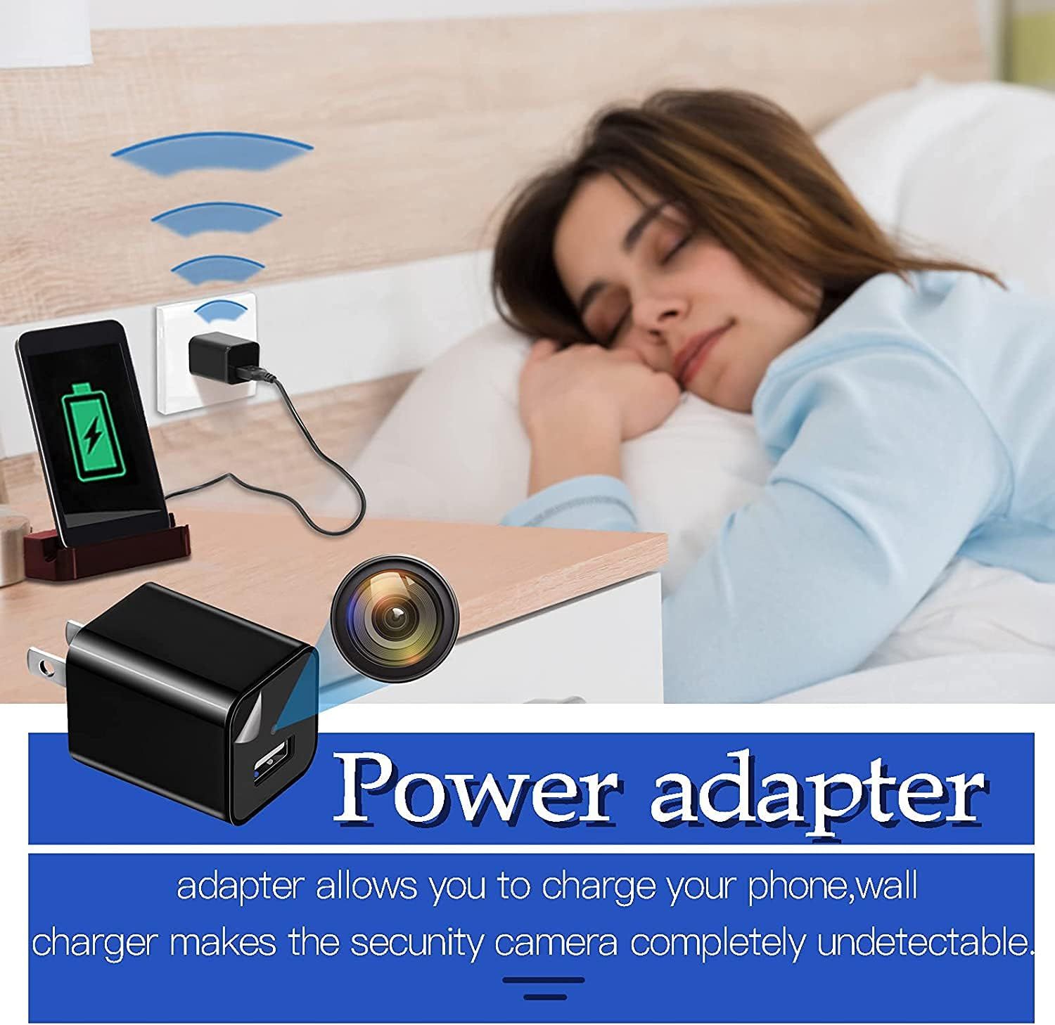 Demonstrates that the power adapter functions as a disguised security camera that can charge devices while remaining completely undetectable for surveillance purposes.