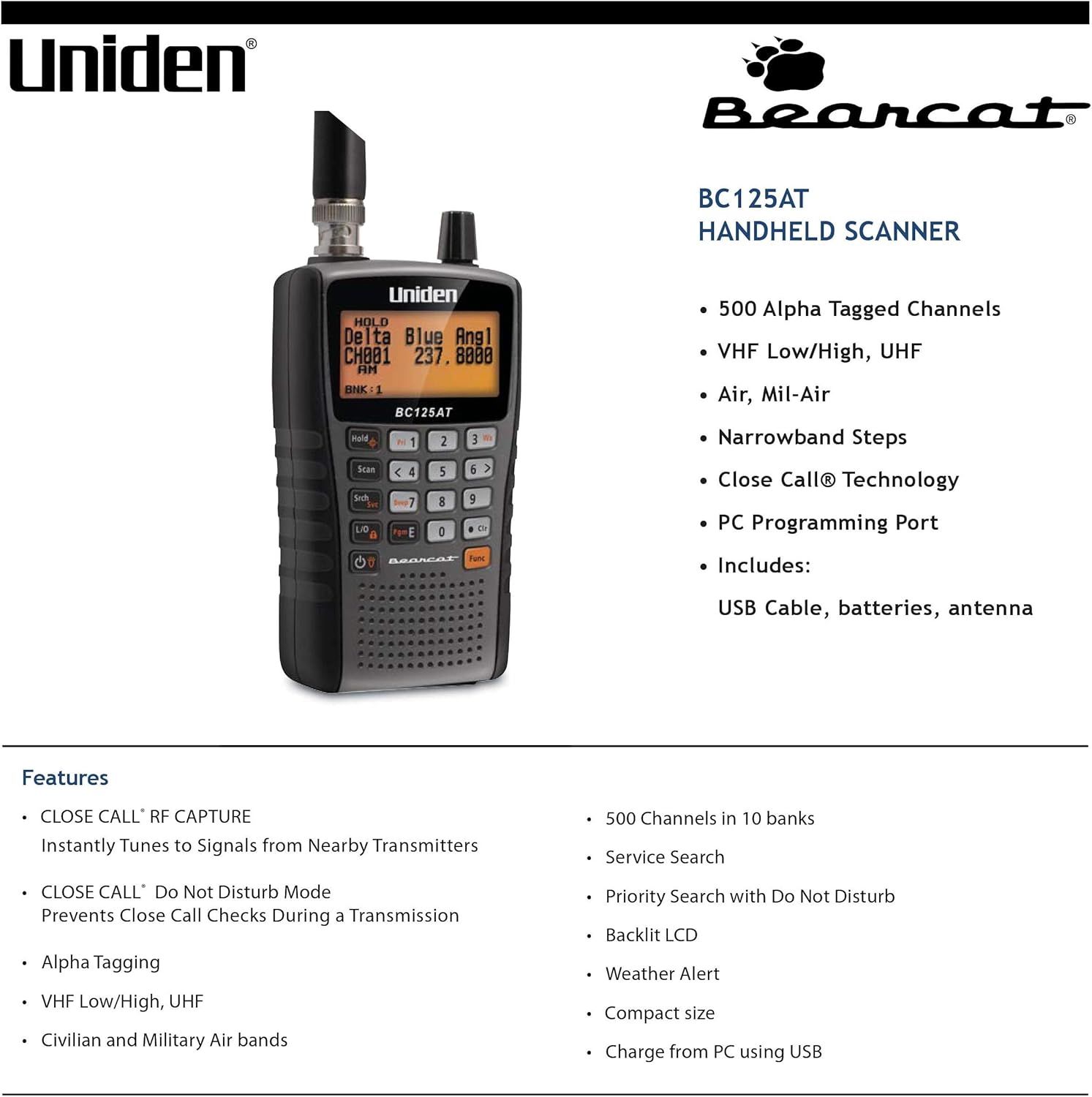 Communicates the comprehensive technical capabilities and included accessories of the handheld scanner to inform shoppers of its versatility and value.