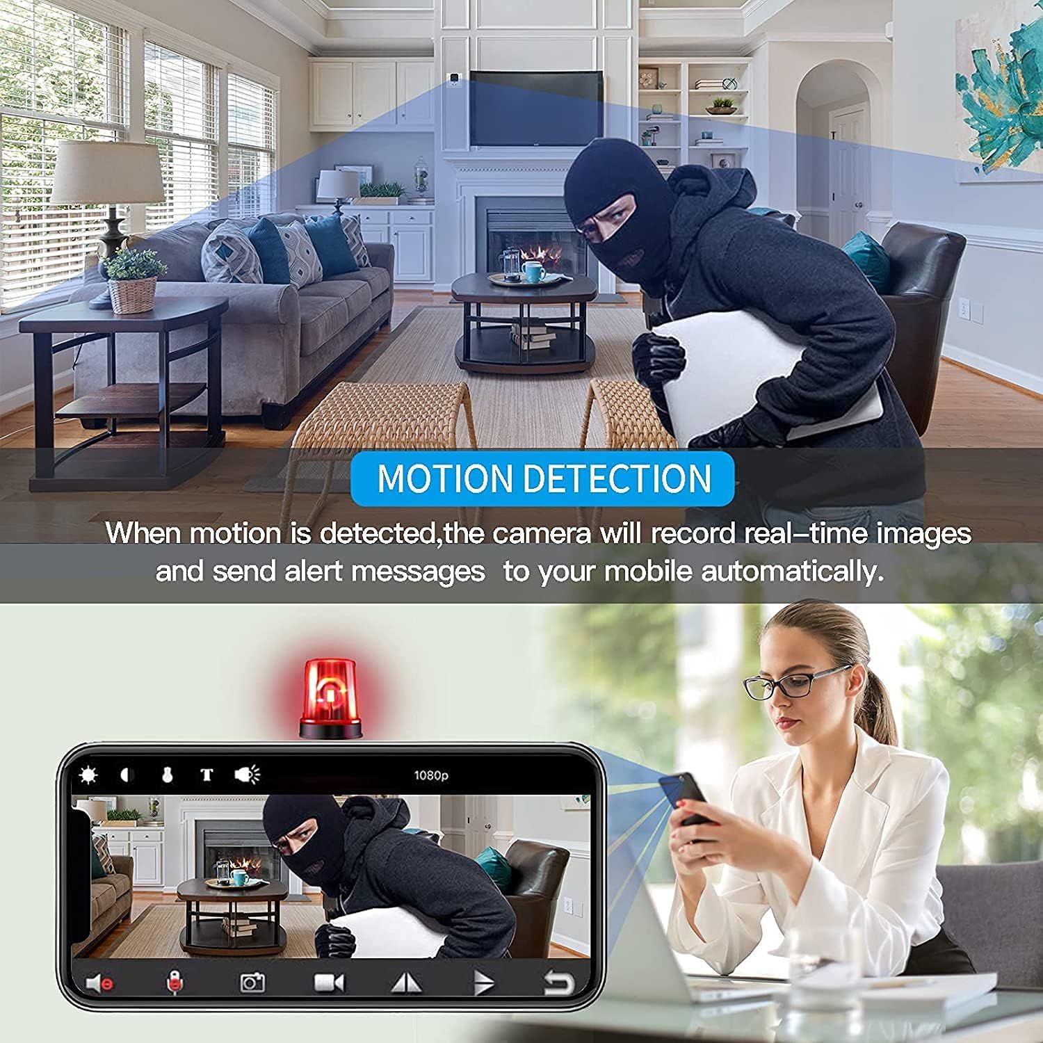 Communicates the security camera's motion detection capability that automatically records and sends mobile alerts when motion is detected, reassuring shoppers about home security and monitoring.