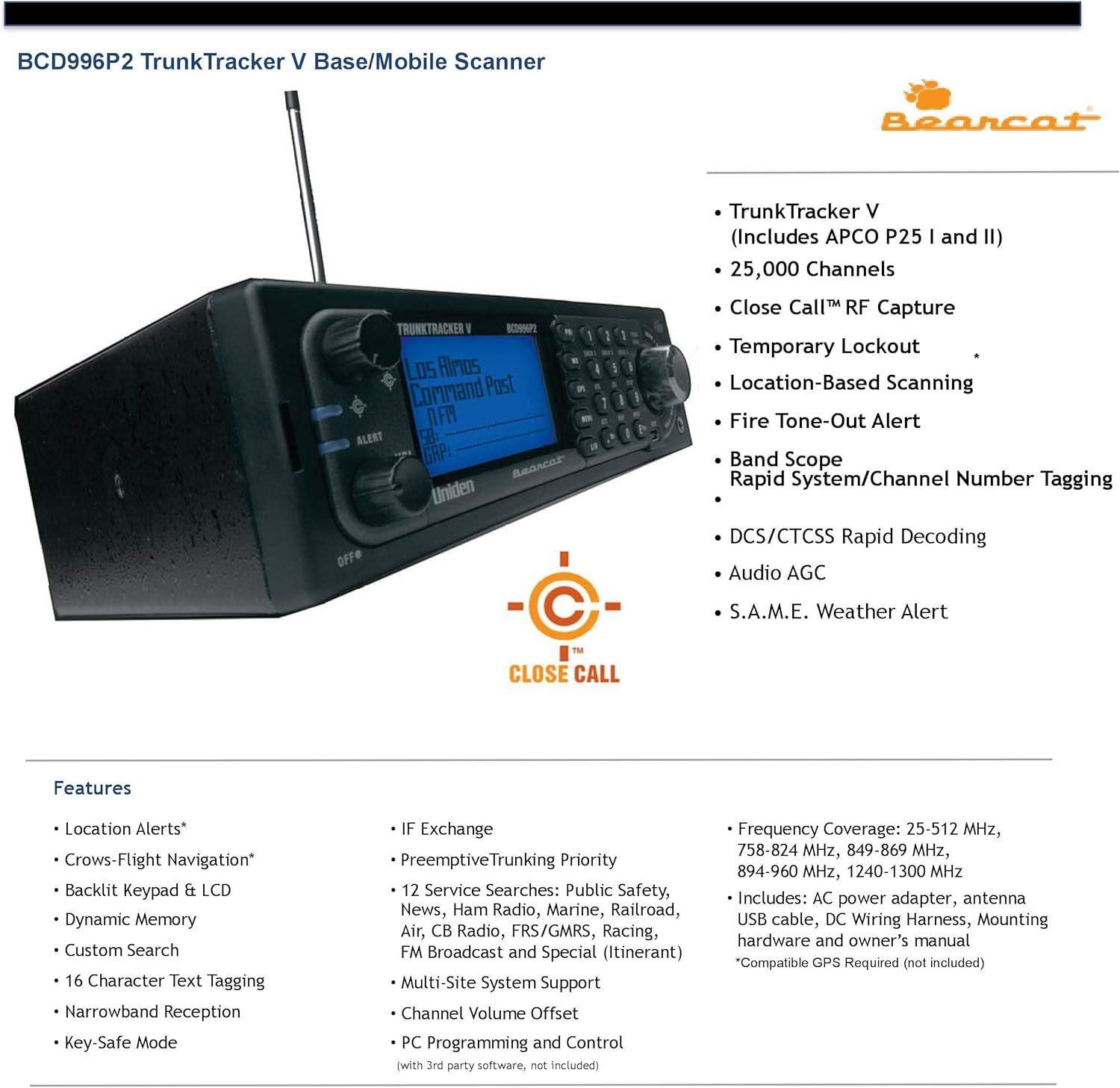 Communicates the comprehensive feature set of the TrunkTracker V scanner to demonstrate its advanced capabilities and versatility for radio enthusiasts and professionals.