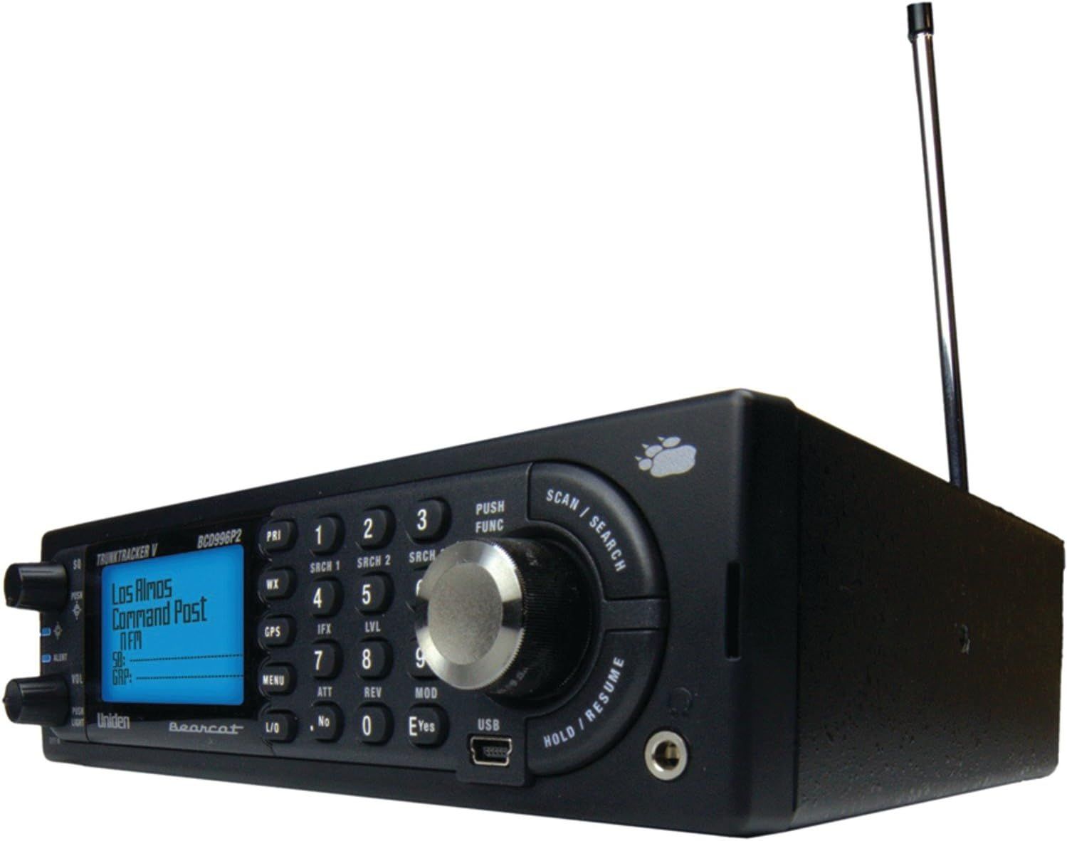 Provides a clean, catalog-style view of the police scanner radio device to show its physical appearance, control panel, display screen, and antenna without distractions.