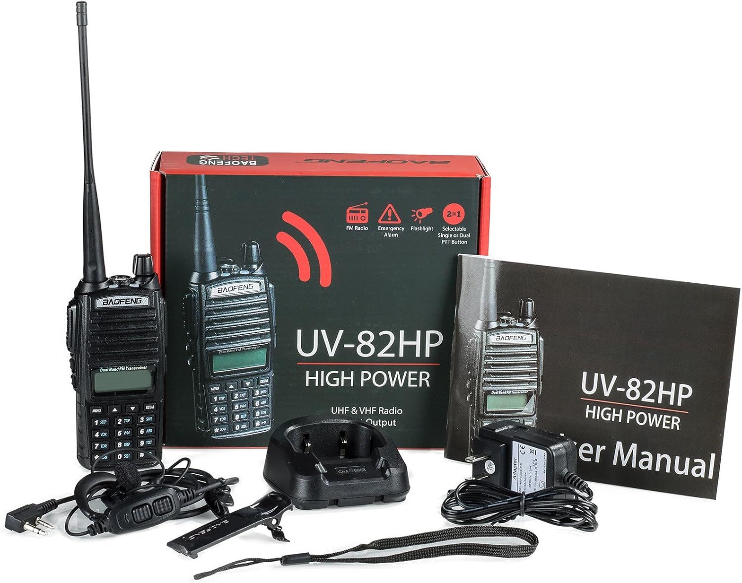 Shows everything included in the package: two radios, charging dock, batteries, charger, earpieces, manual, and accessories to reassure buyers of the complete value and readiness to use.