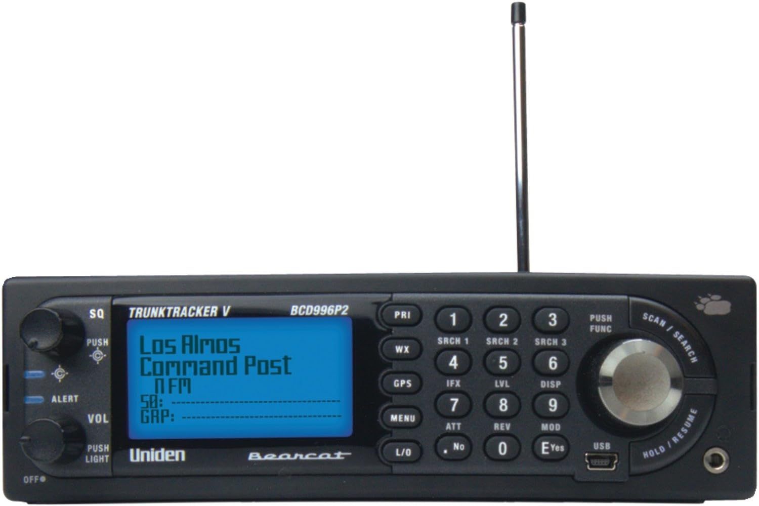 Provides a clean, catalog-style view of the Uniden Bearcat scanner radio product to show its physical appearance and controls.