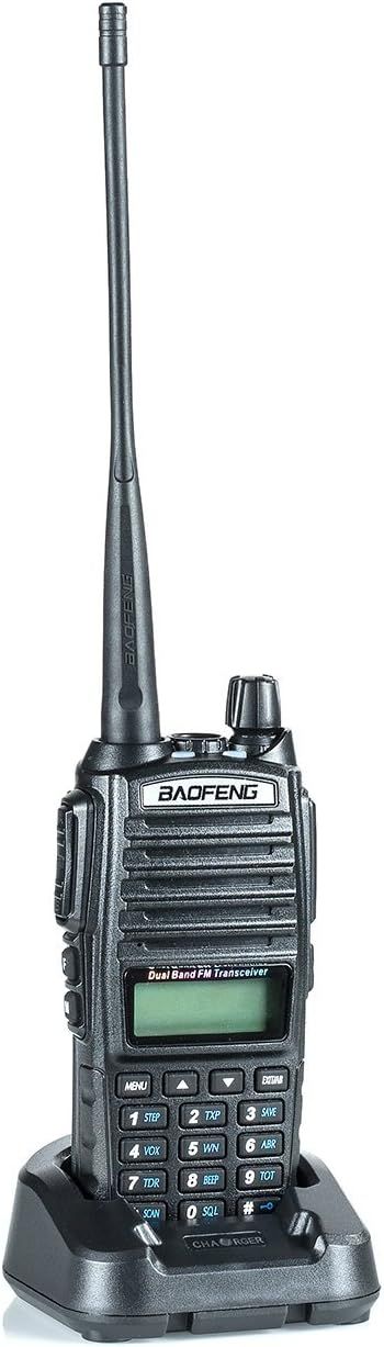 Provides a clean, catalog-style view of the complete product including the radio transceiver and its charging base, allowing shoppers to see exactly what they will receive.