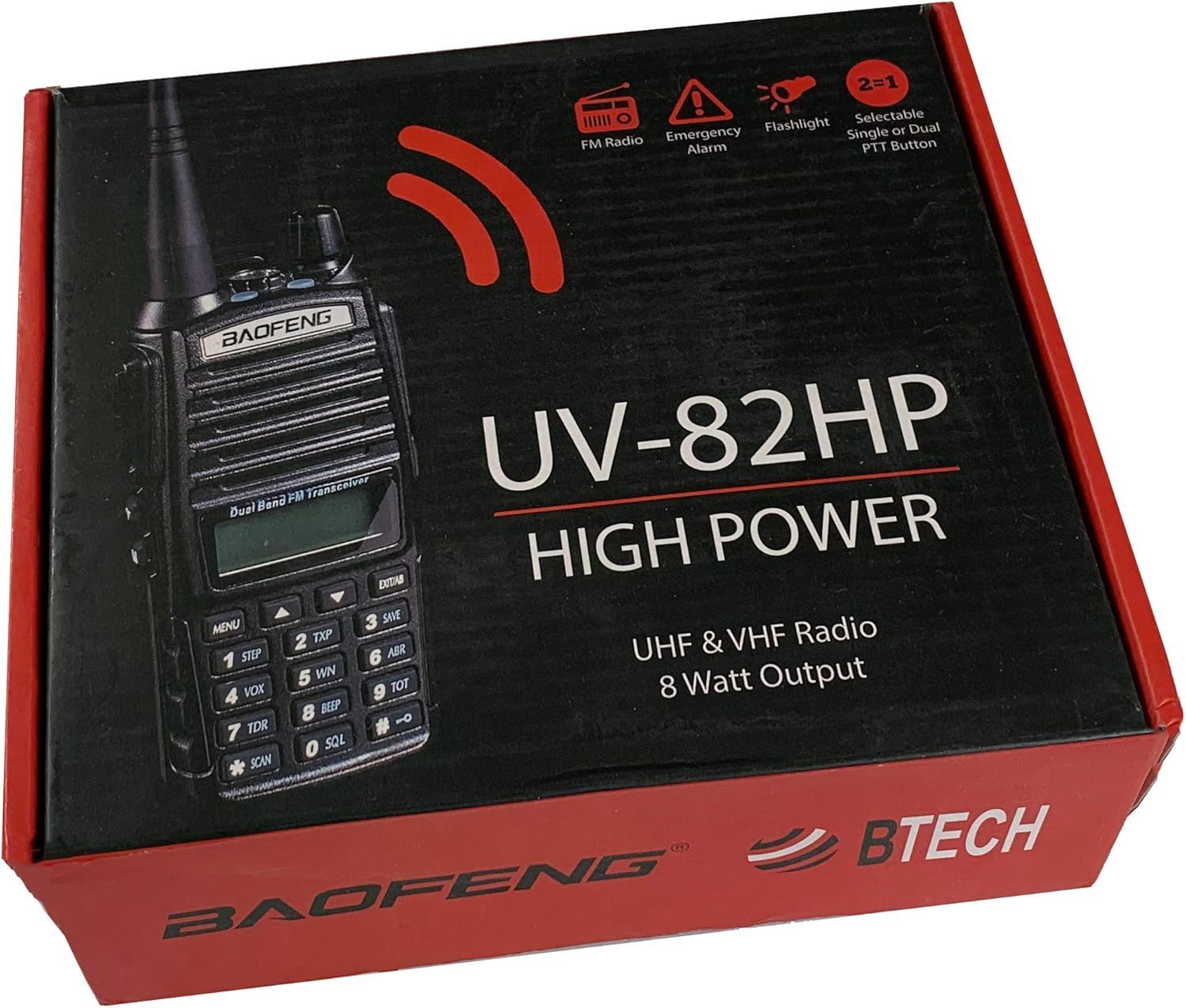 Communicates multiple key features of the radio (FM radio, emergency alarm, flashlight, dual PTT button) to show versatility and functionality for various use cases.