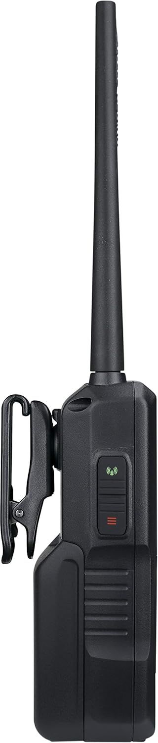 Provides a clean, catalog-style view of the walkie-talkie product showing its physical design, antenna, clip, and button controls without any distractions.