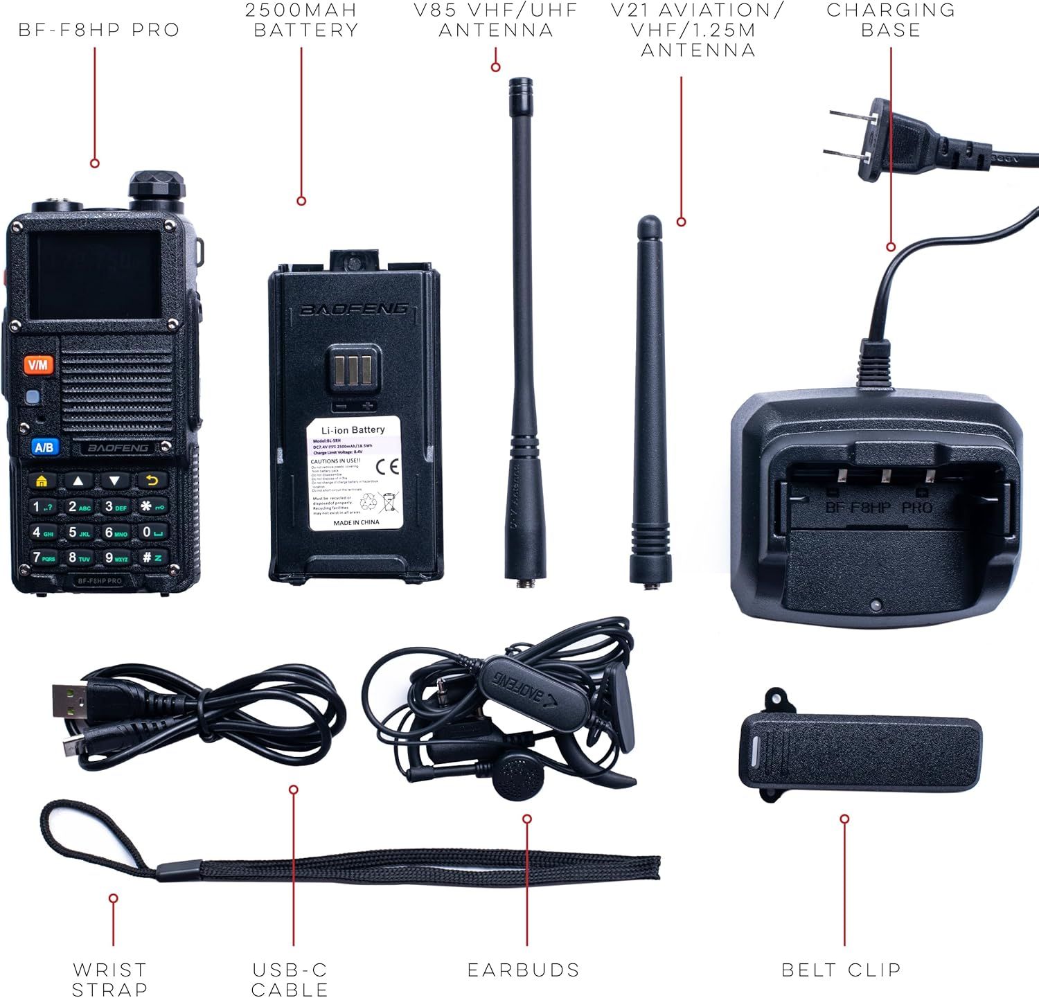 Shows all items included in the package to help shoppers understand the full value and completeness of the radio kit, including the main unit, battery, antennas, charging base, cables, earbuds, and…