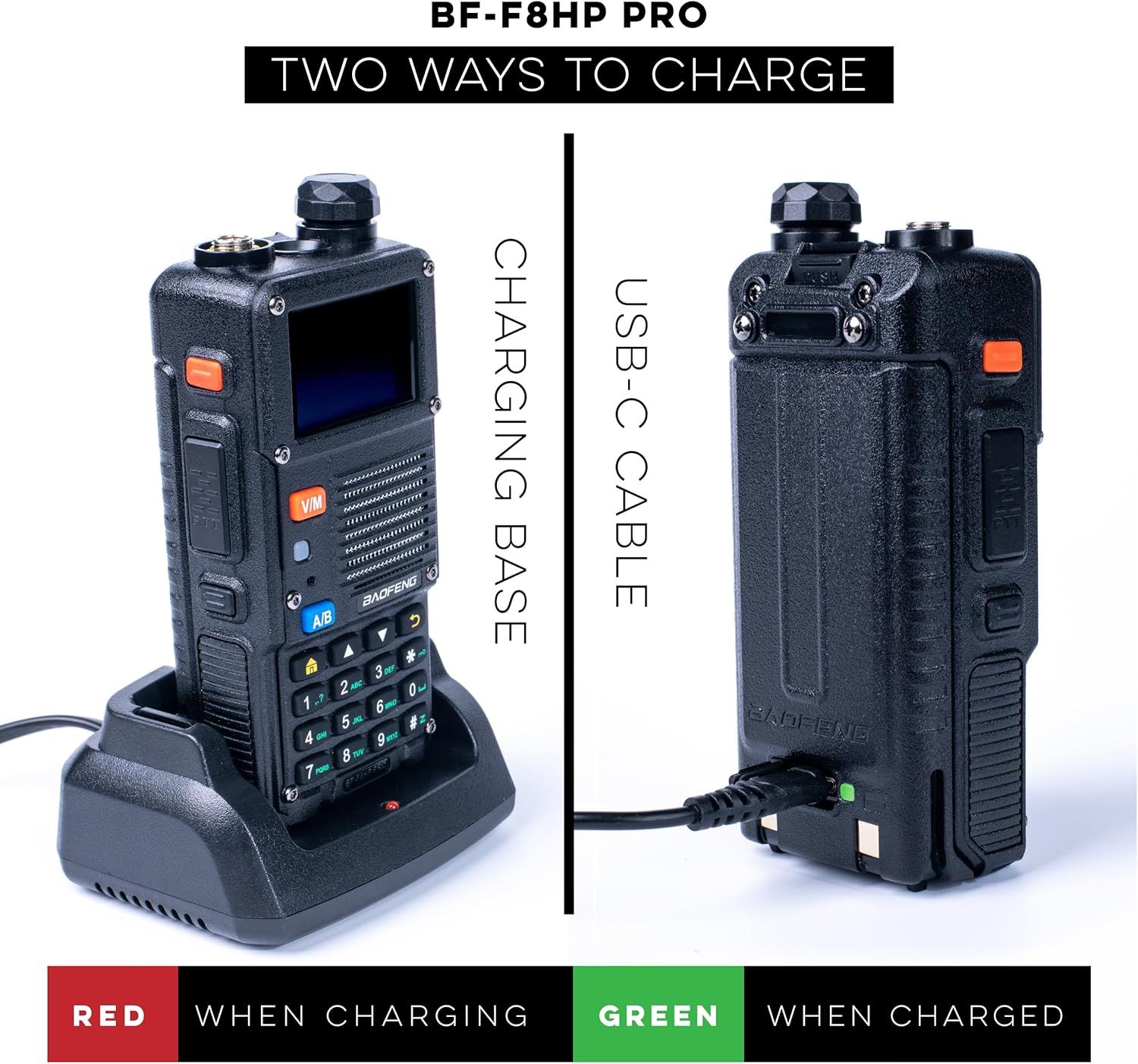 Demonstrates the two ways to charge the radio (via charging base or USB-C cable) and explains the LED indicator colors to help users understand charging status. Highlights the convenience and…