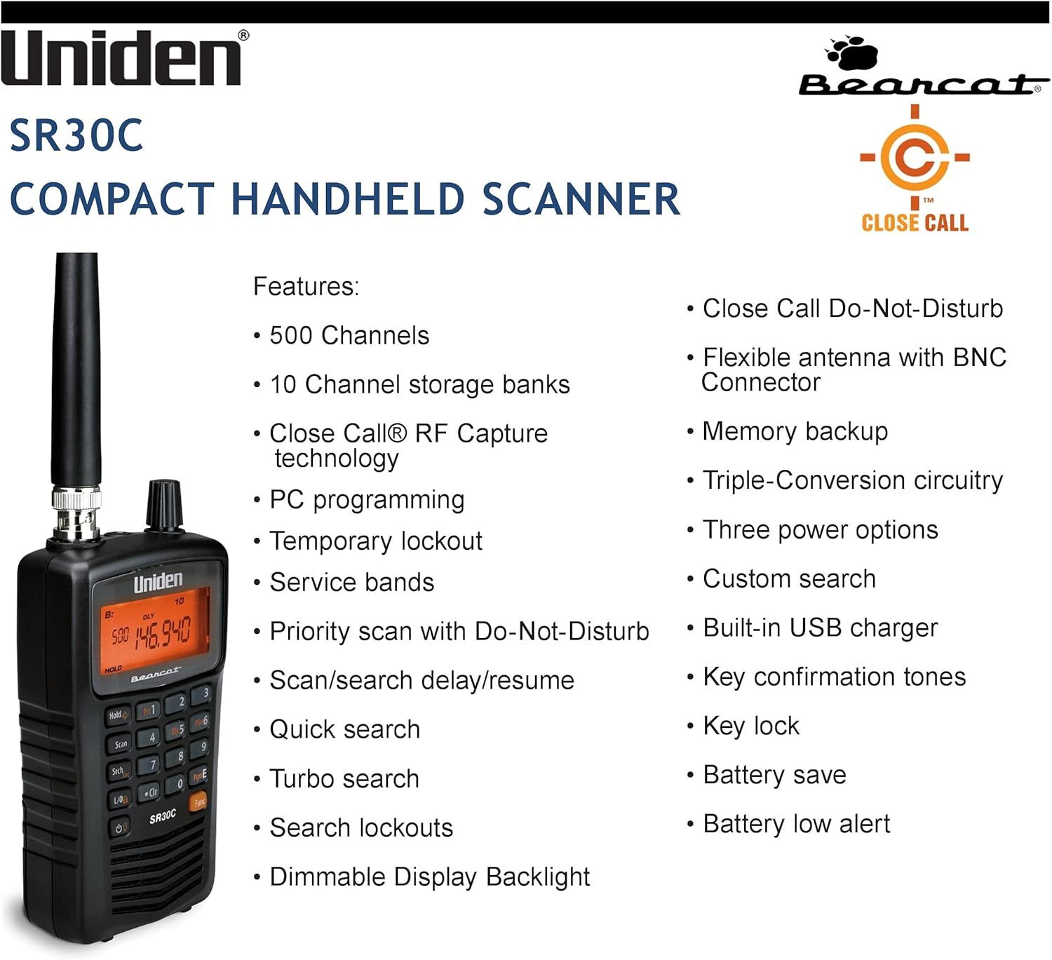 Communicates the comprehensive feature set of the SR30C handheld scanner to demonstrate its versatility and technical capabilities for radio enthusiasts and professionals.