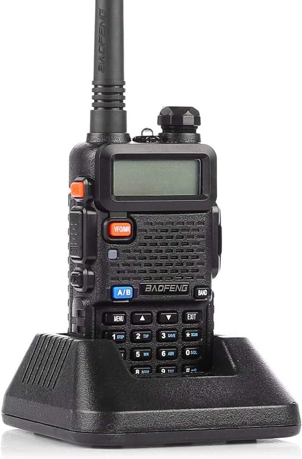 Provides a clean, catalog-style view of the handheld radio and charging base to show the product clearly without distractions.