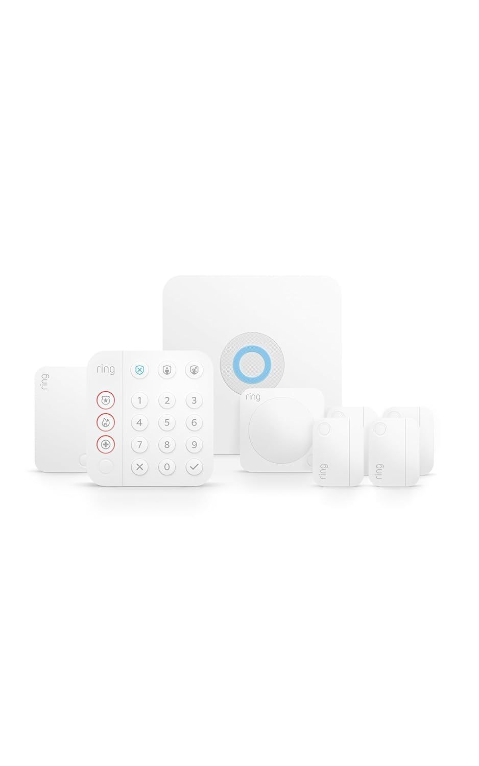 Shows all components included in the Ring security system package to help shoppers understand the complete bundle they will receive.