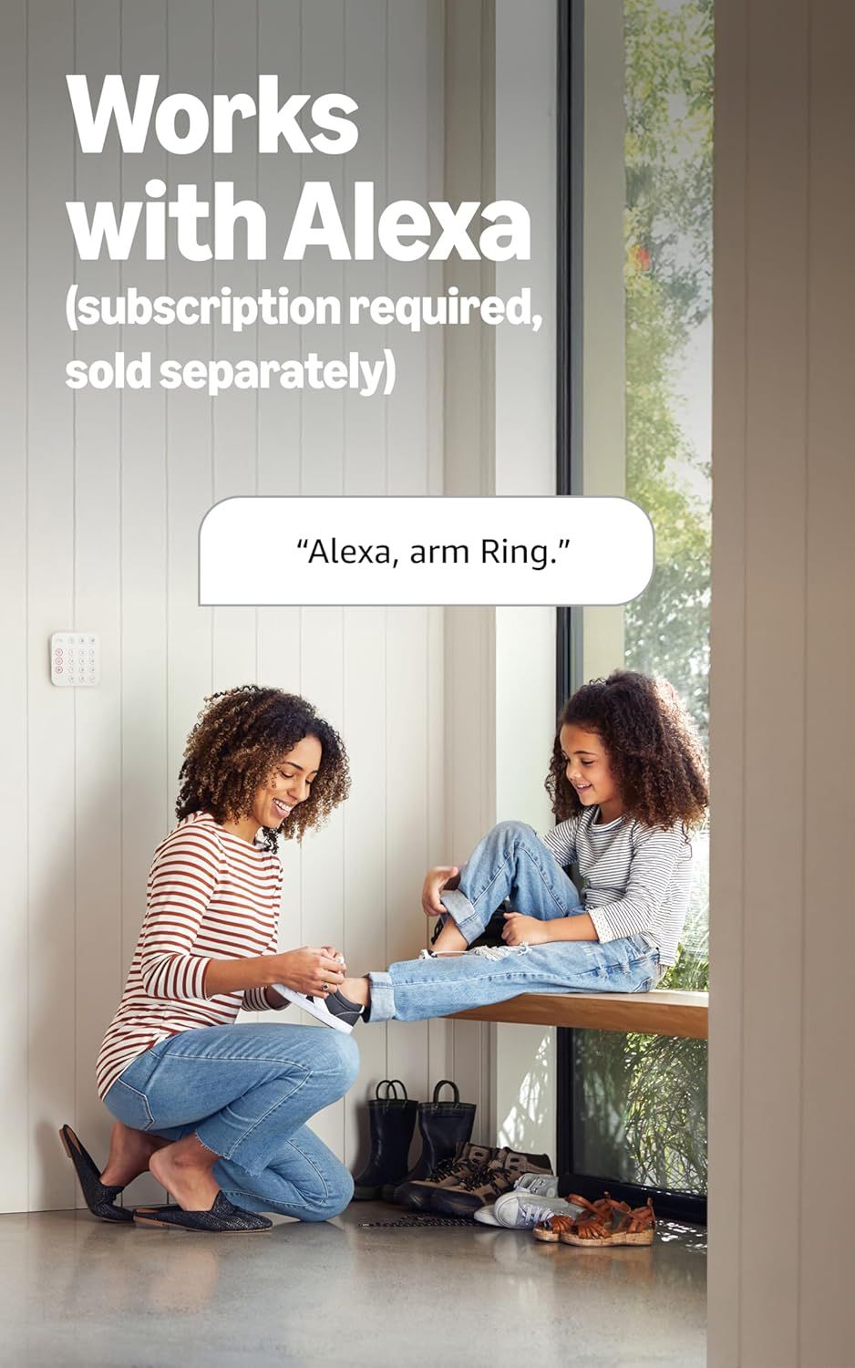 Demonstrates the product's compatibility with Alexa voice assistant, showing shoppers they can control the Ring security system hands-free using voice commands. Highlights the convenience of…