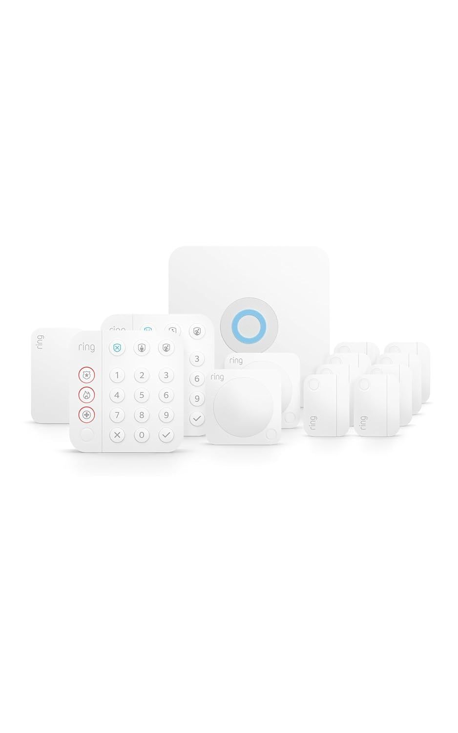 Shows all components included in the Ring security system package to help shoppers understand the complete bundle they will receive.