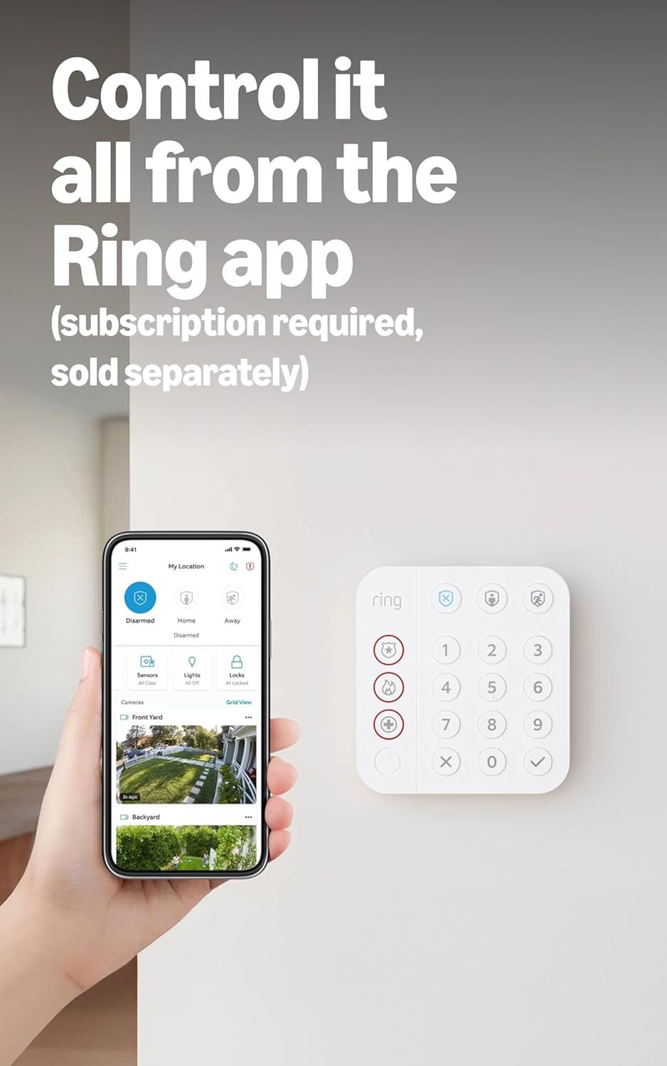 Communicates that the Ring security system can be controlled remotely through the Ring mobile app, providing convenience and peace of mind for home security management.