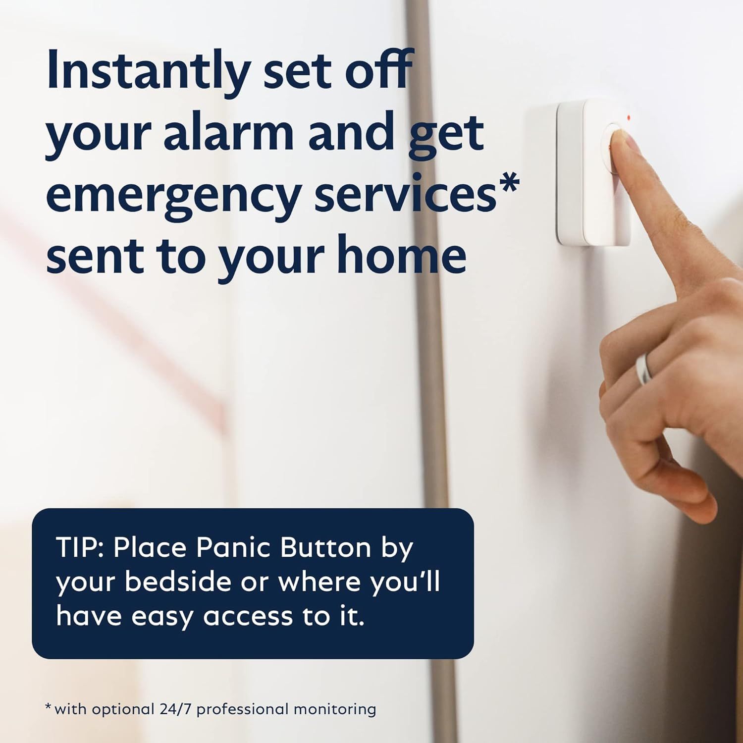 Instructs shoppers on how to use the panic button feature and provides a practical tip on optimal placement for easy access during emergencies. Highlights the key benefit of instant emergency…