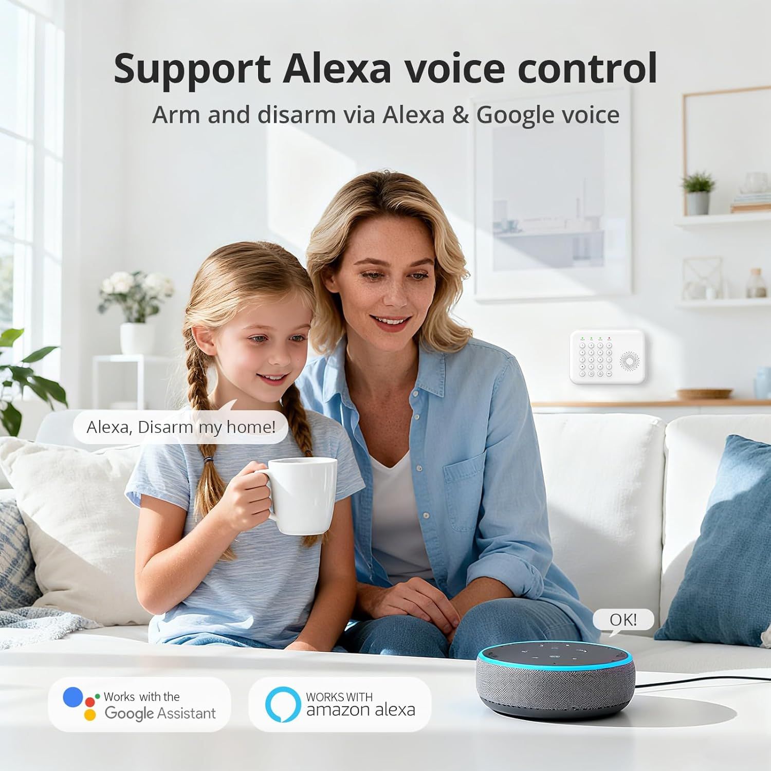 Demonstrates how to use voice commands with Alexa and Google Assistant to control the home security system, showing ease of use and smart home compatibility. Shows compatibility with multiple voice…
