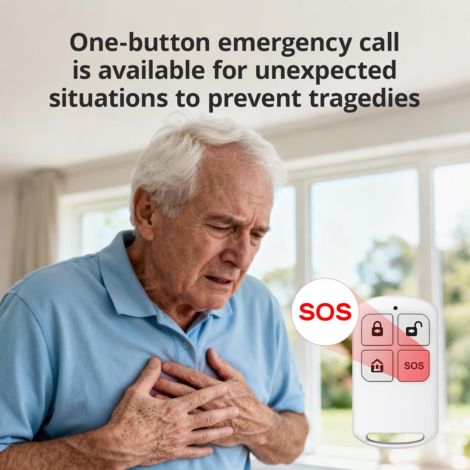 Communicates the product's one-button emergency call capability to reassure shoppers (especially caregivers of elderly users) that help is immediately accessible in urgent situations. Highlights the…