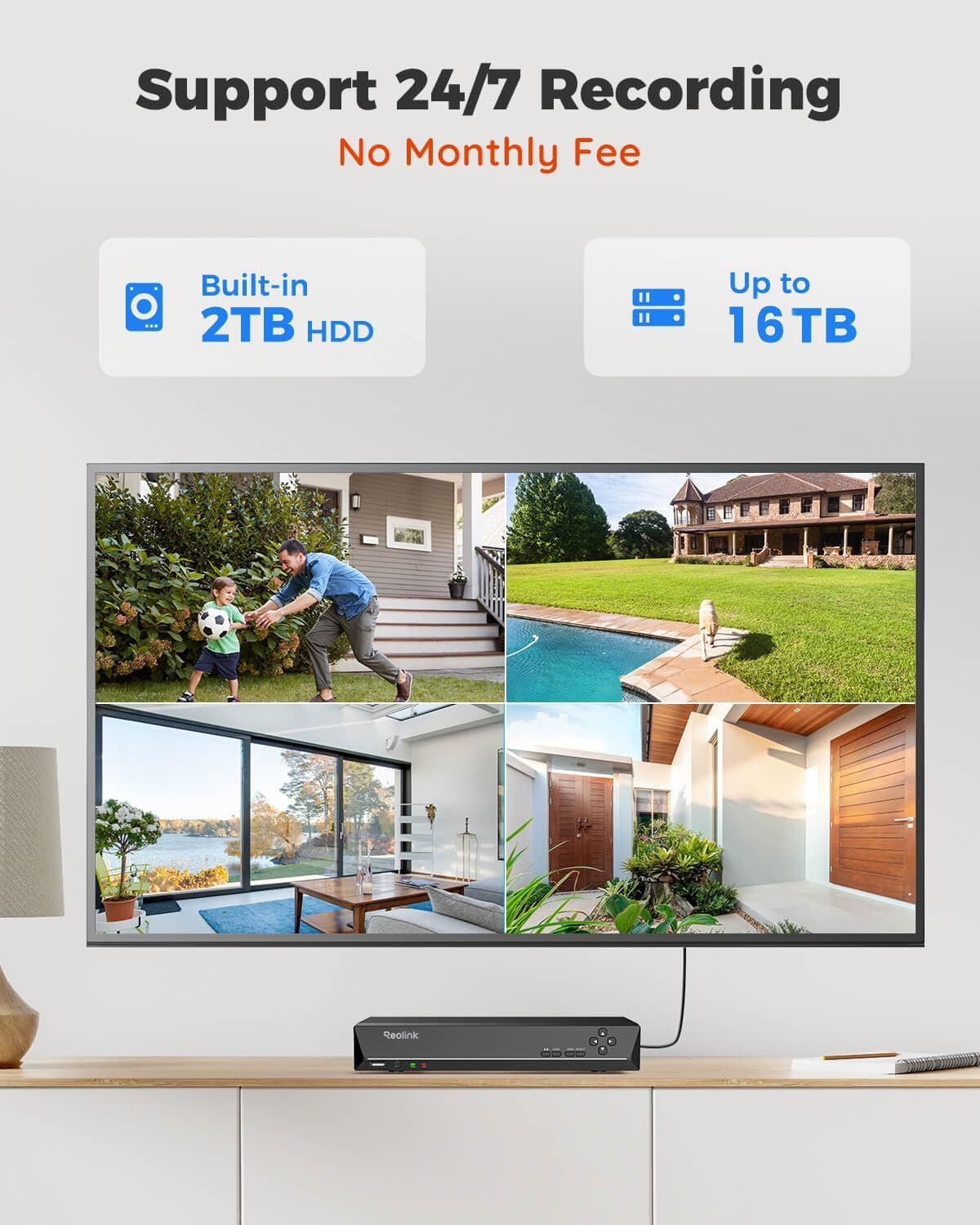Communicates multiple key benefits of the security camera system including continuous recording capability, cost savings from no subscription fees, and flexible storage options to reassure shoppers…